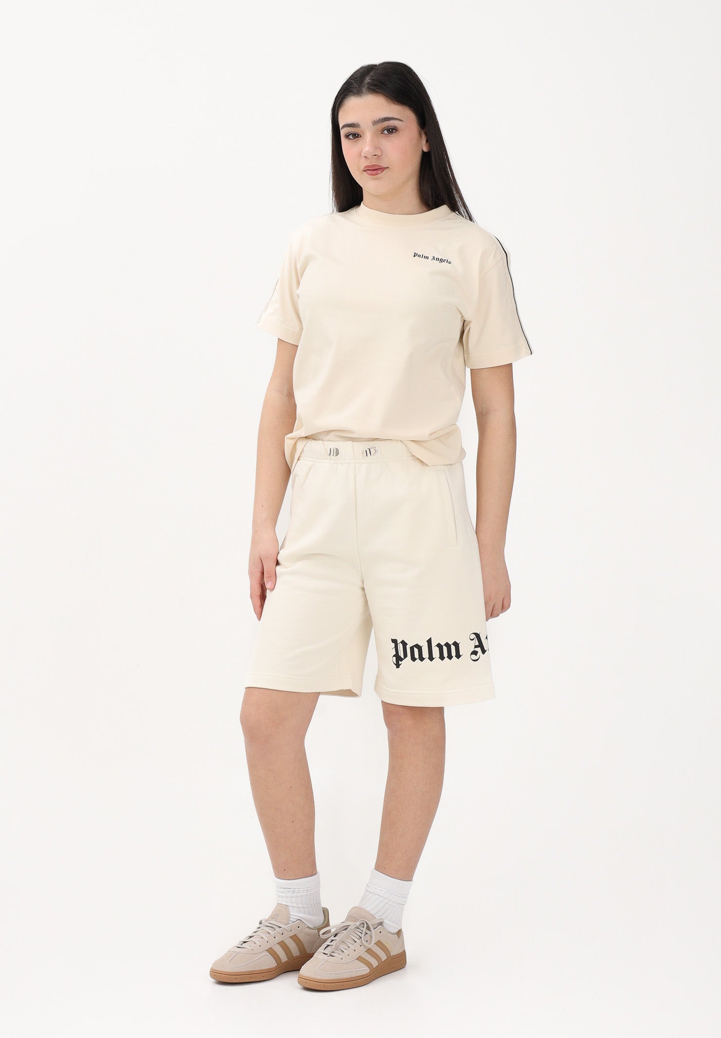 PALM ANGELS Shorts sportivo panna per donna, ragazzi e bambini con logo PBCI006S26FLE001 002 PALM ANGELS