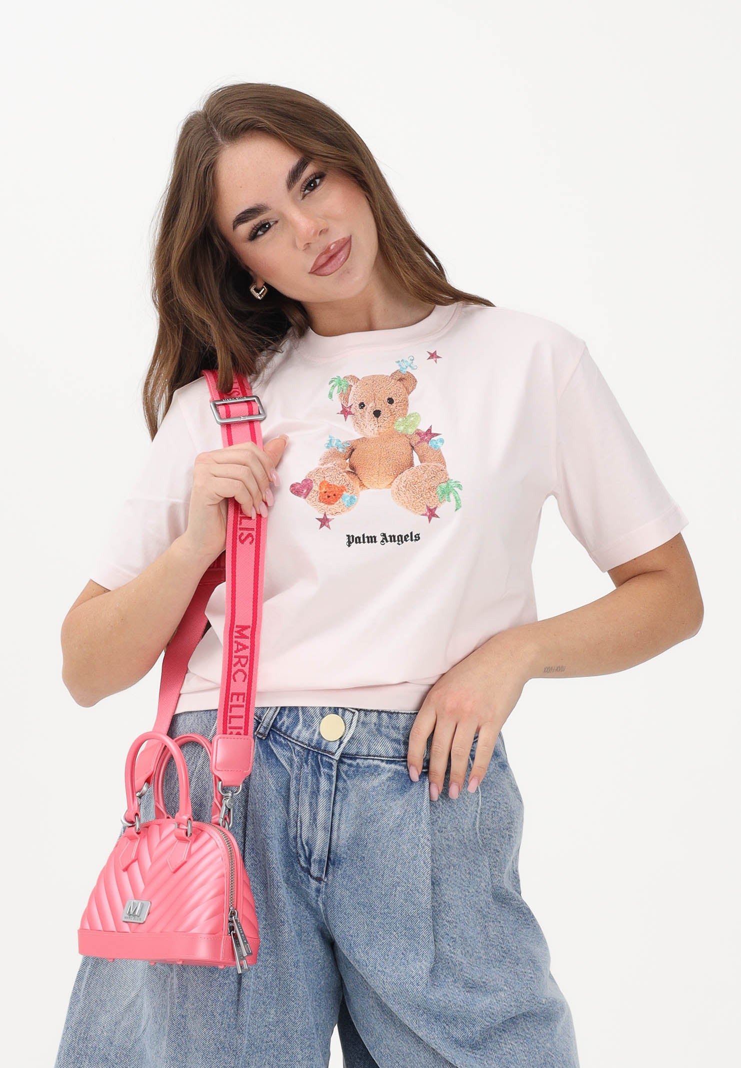 PALM ANGELS T-shirt a manica corta rosa per donna, ragazze e bambine con stampa teddy PGAA002S26JER006 042 PALM ANGELS
