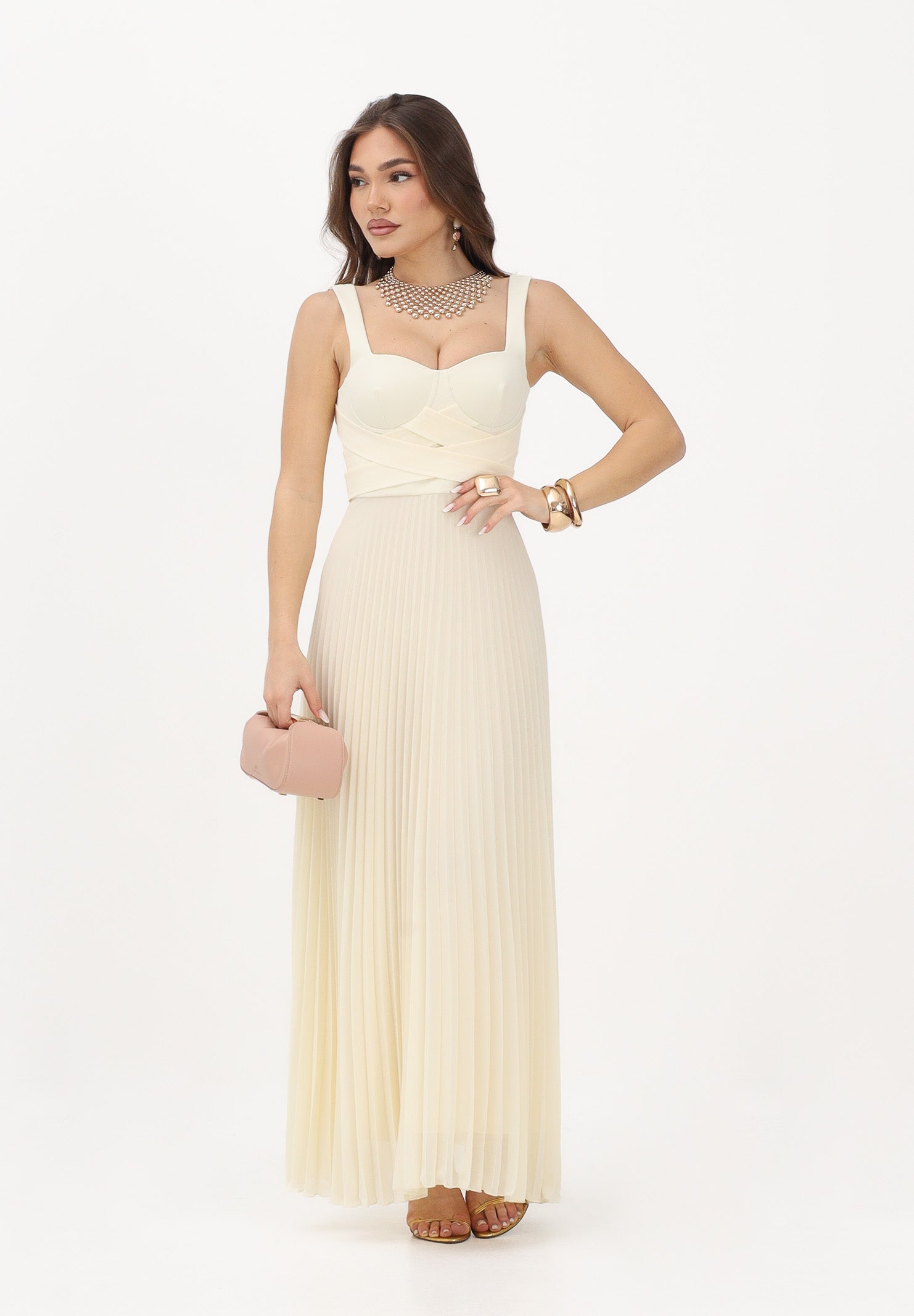 PATRIZIA PEPE Abito lungo plissè crema da donna con corpetto strutturato 2A3064A737 W418 PATRIZIA PEPE
