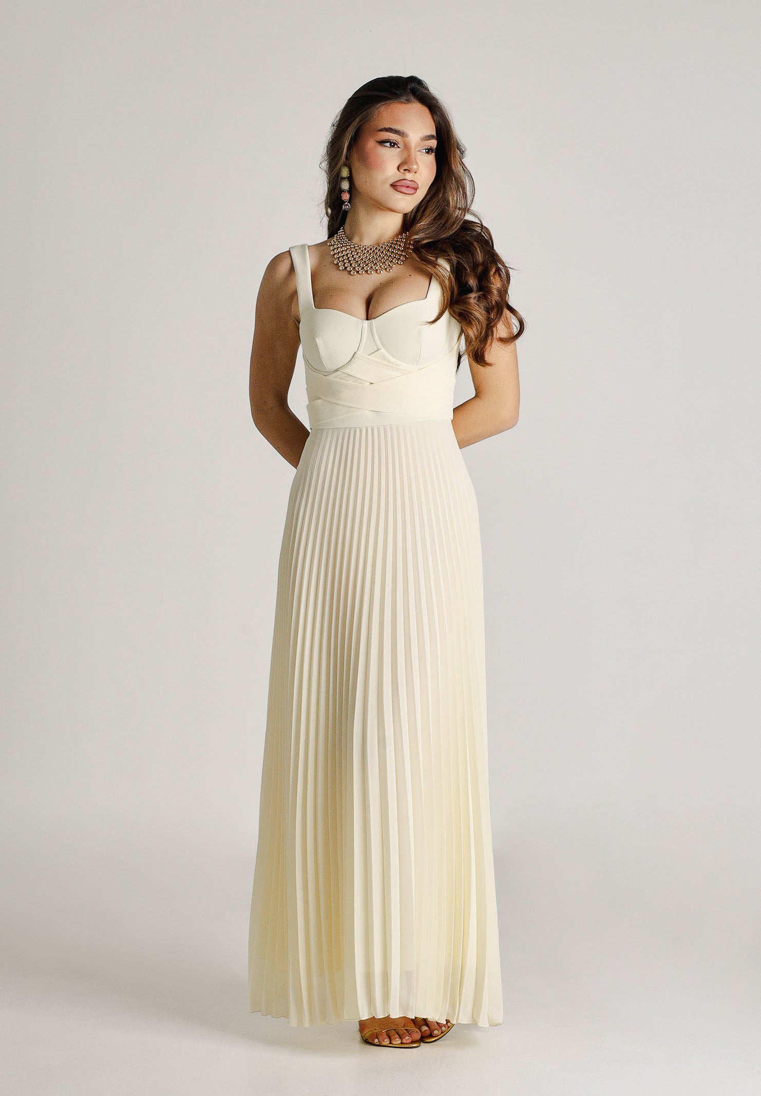 PATRIZIA PEPE Abito lungo plissè crema da donna con corpetto strutturato 2A3064A737 W418 PATRIZIA PEPE