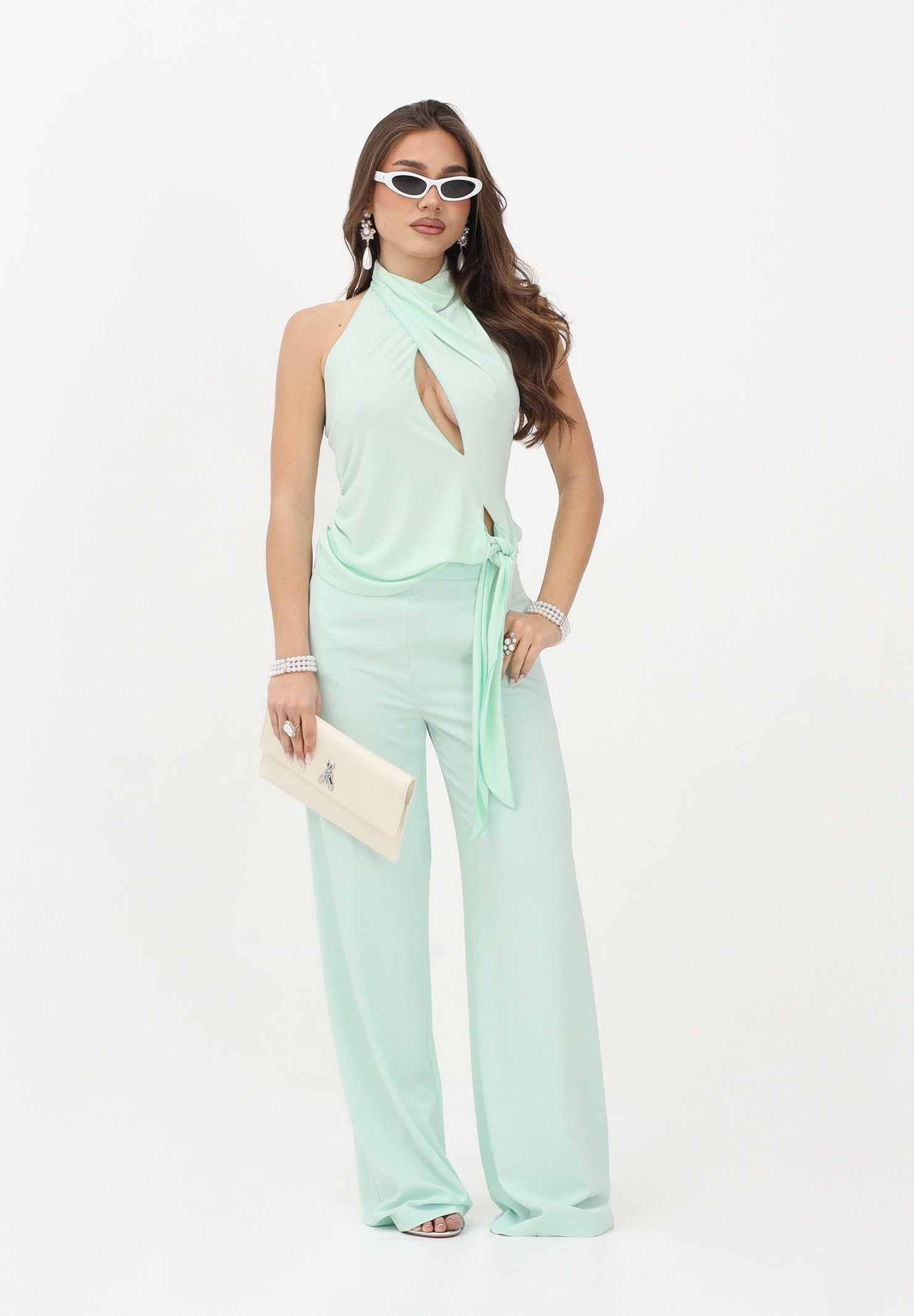 PATRIZIA PEPE Top verde acqua da donna con drappeggio e nodo laterale 2M4527J333 G632 PATRIZIA PEPE