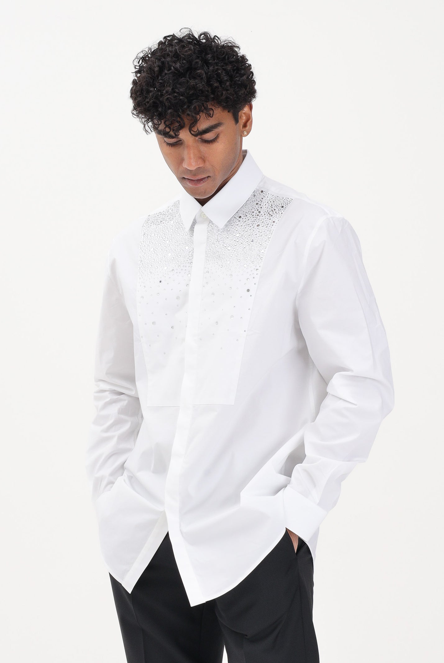 PATRIZIA PEPE Camicia a manica lunga bianca da uomo con strass 5C0339A1VX W103 PATRIZIA PEPE
