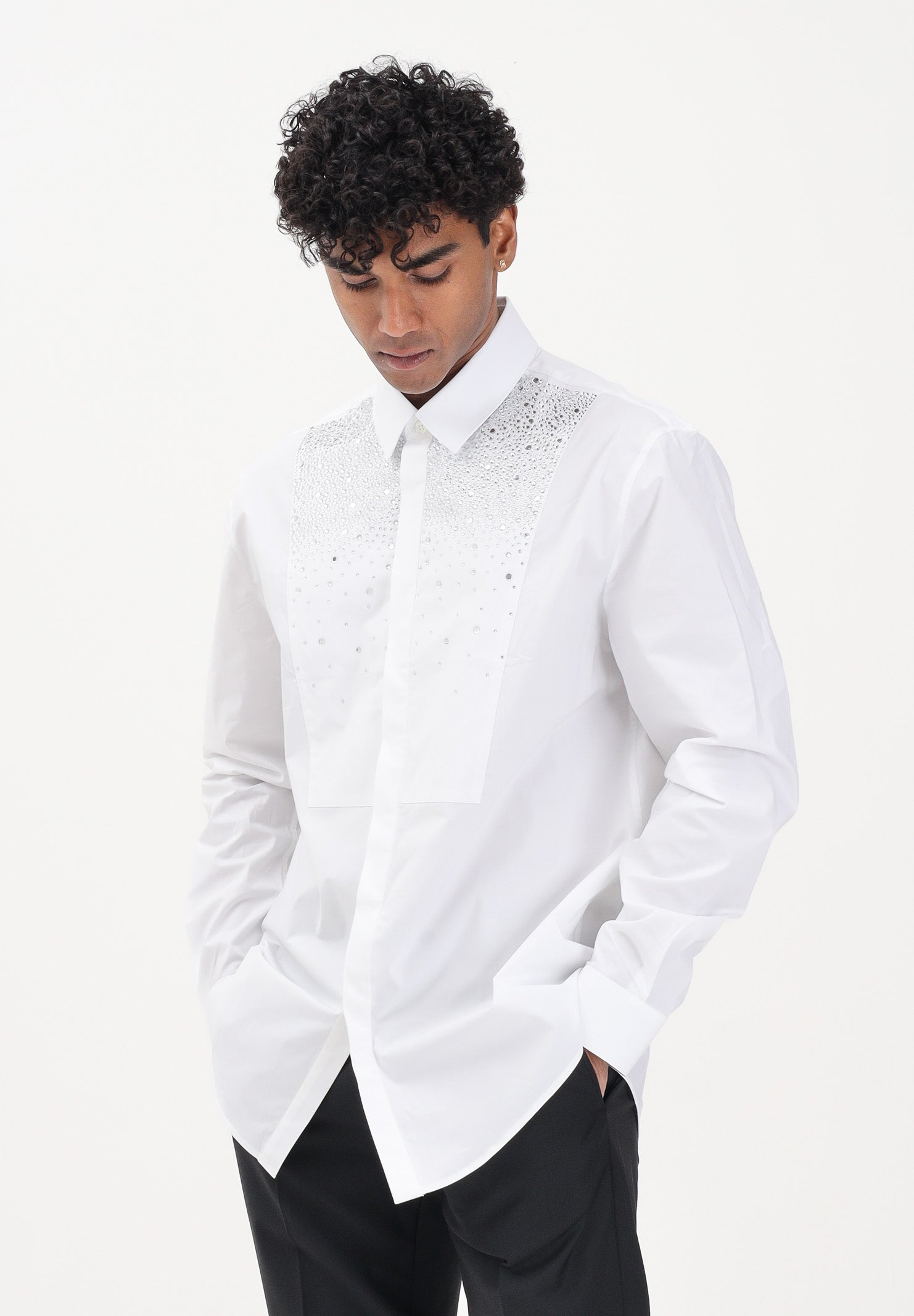 PATRIZIA PEPE Camicia a manica lunga bianca da uomo con strass 5C0339A1VX W103 PATRIZIA PEPE