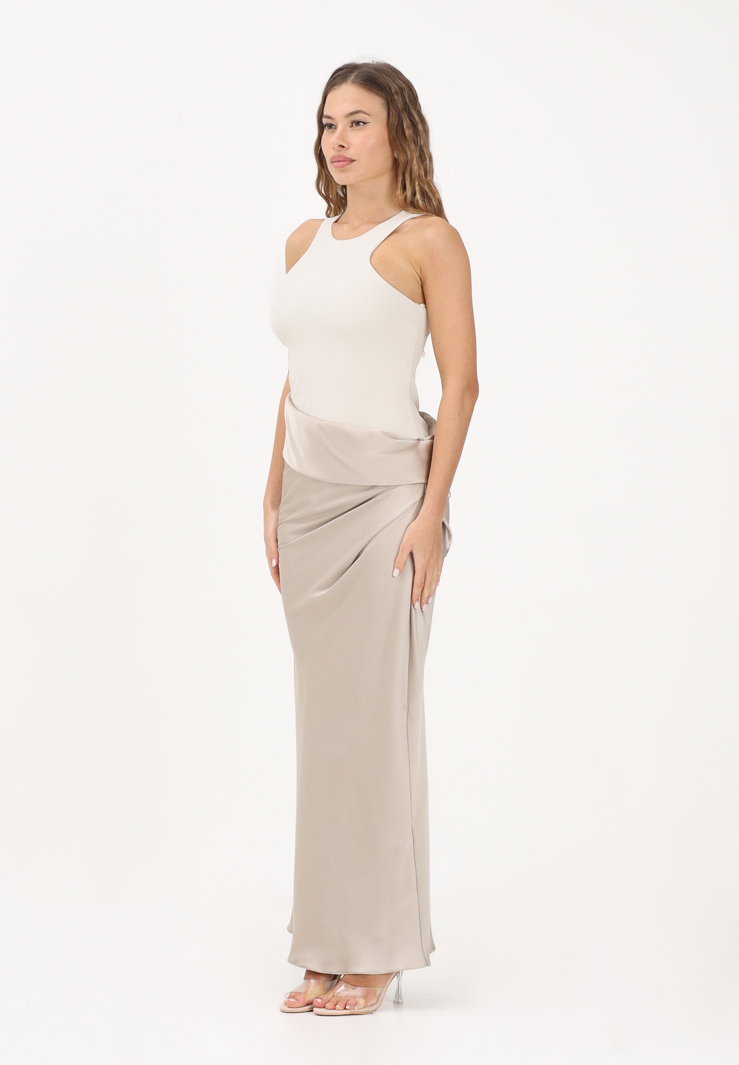 PATRIZIA PEPE Abito lungo panna e beige da donna in satin 8A1656A269 J4U7 PATRIZIA PEPE