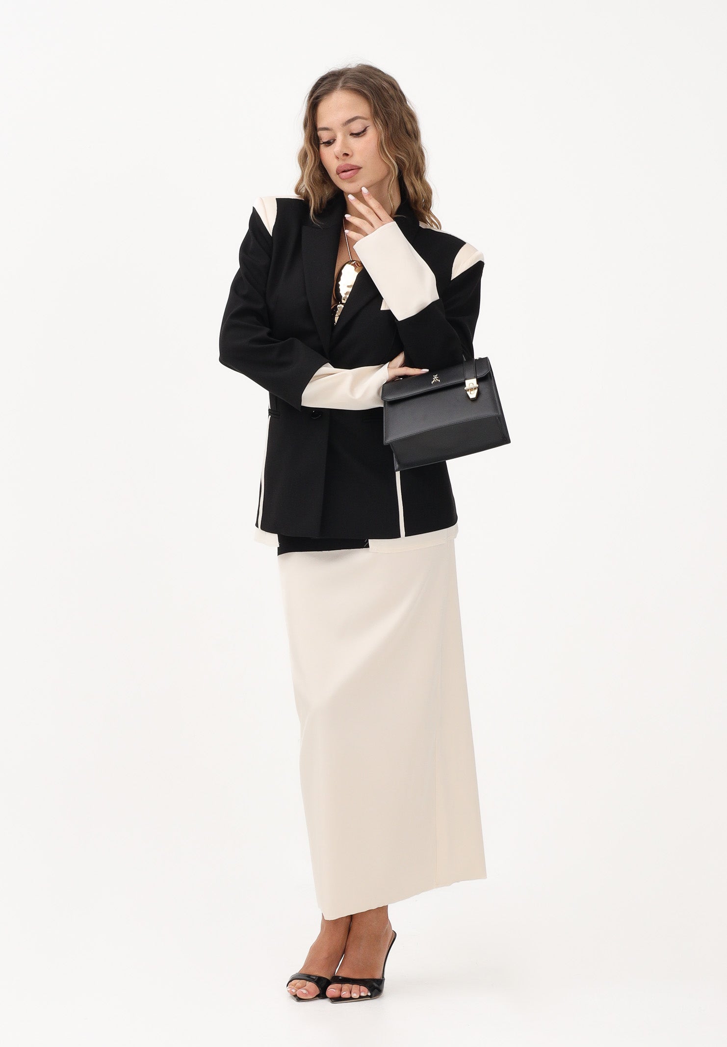 PATRIZIA PEPE Gonna midi nera e panna da donna in misto viscosa 8G0514A498 FG53 PATRIZIA PEPE