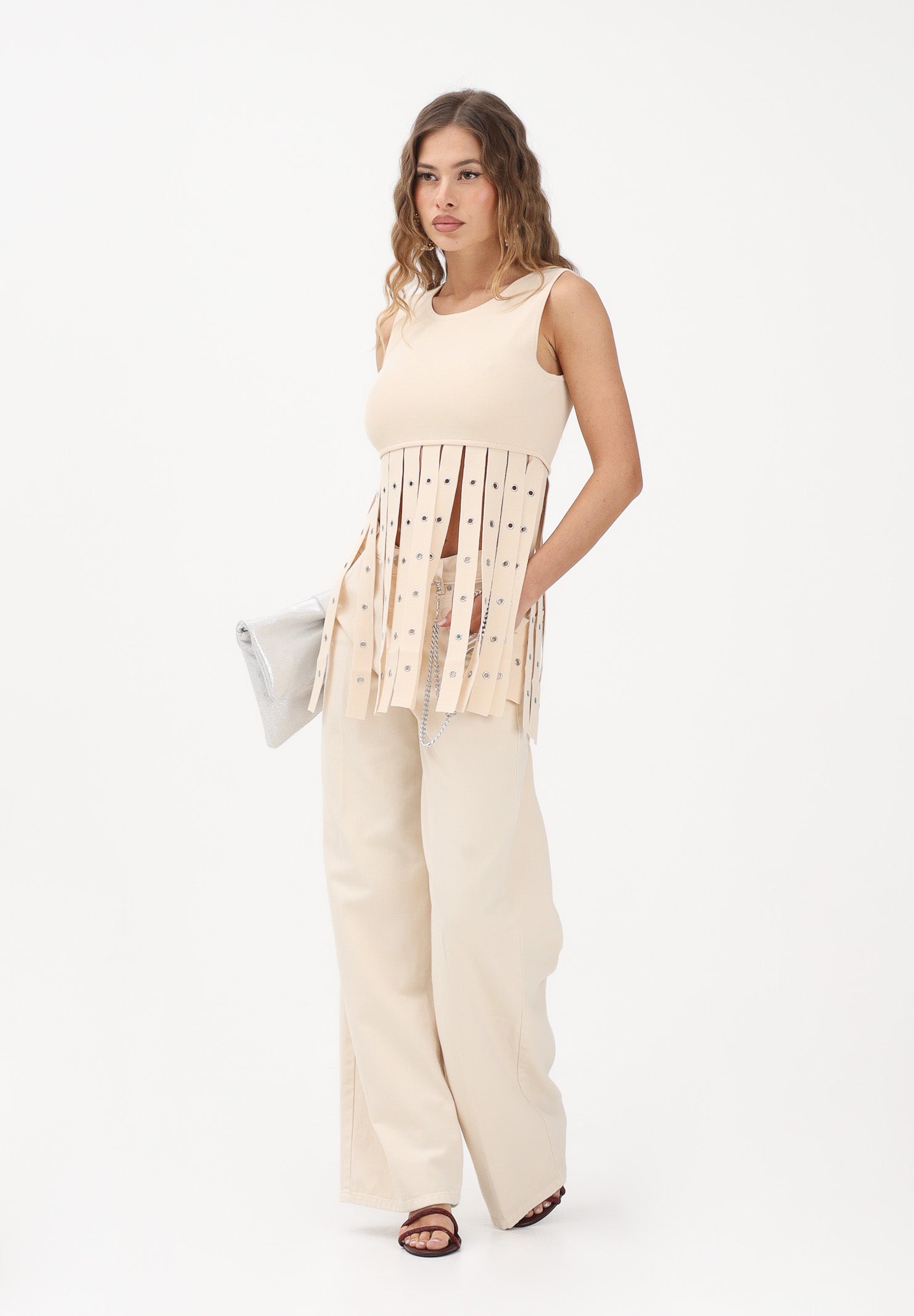 PATRIZIA PEPE Top in maglia panna da donna con frange 8K0413K324 W409 PATRIZIA PEPE