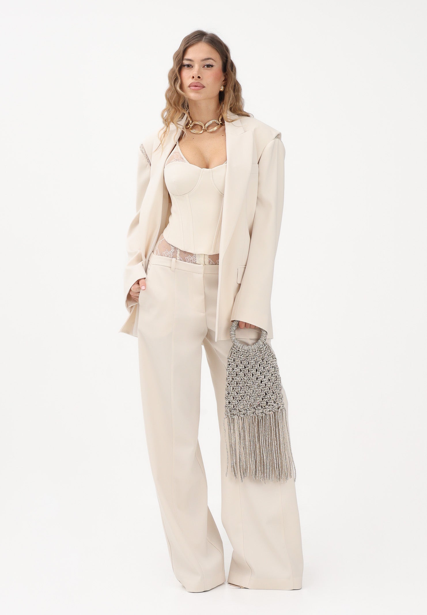 PATRIZIA PEPE Pantalone elegante panna da donna con vita in pizzo 8P0769A6F5 W409 PATRIZIA PEPE