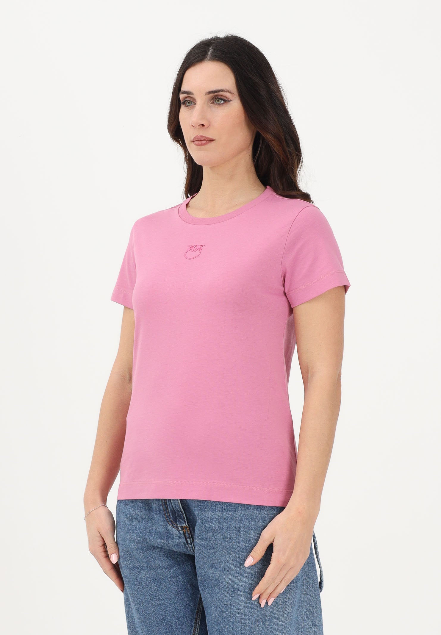PINKO T-shirt a manica corta rosa da donna con ricamo logo Love Birds 100355A339 Q48 PINKO