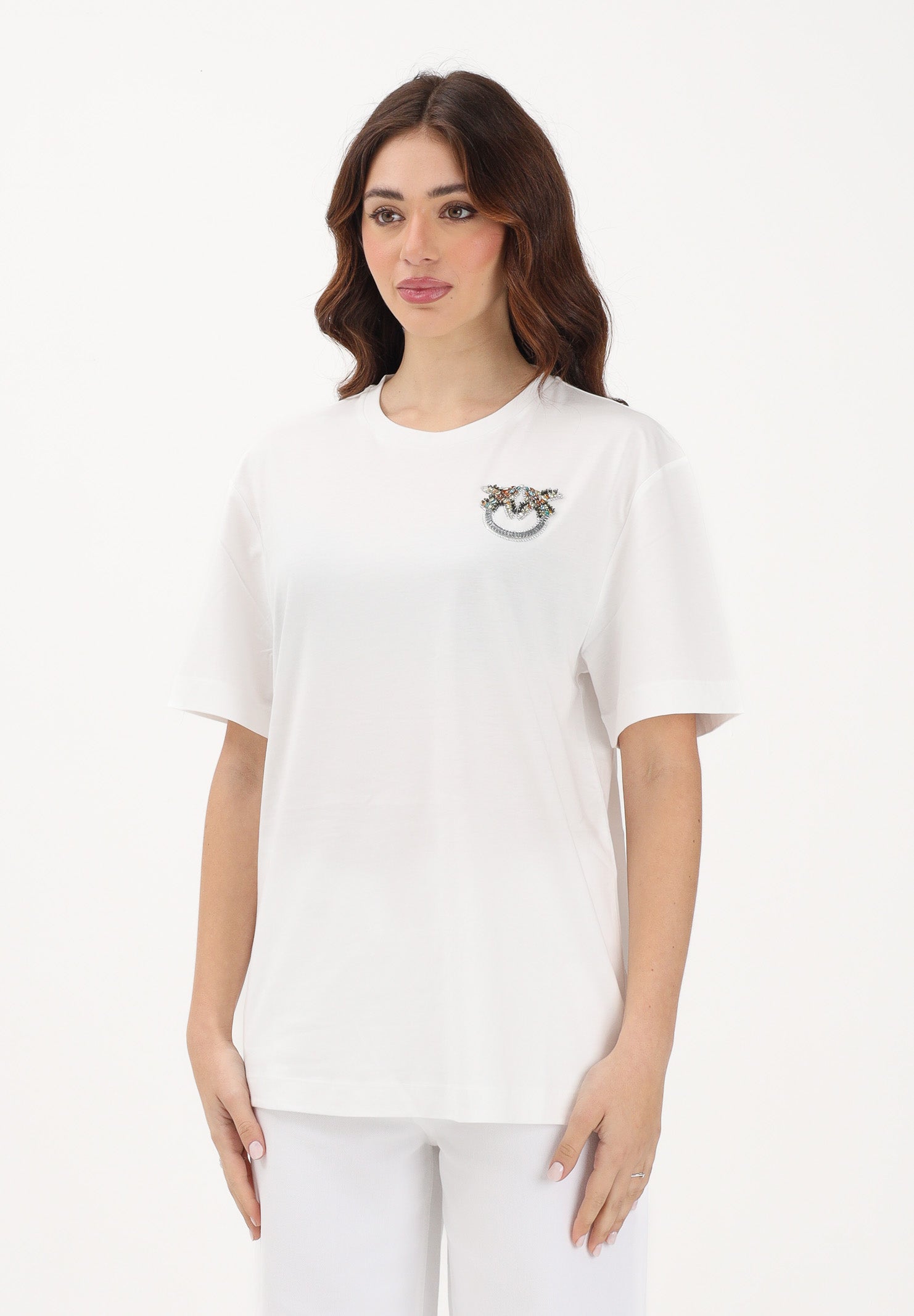 PINKO T-shirt a manica corta bianca da donna con logo Love Birds 105526A33F Z05 PINKO