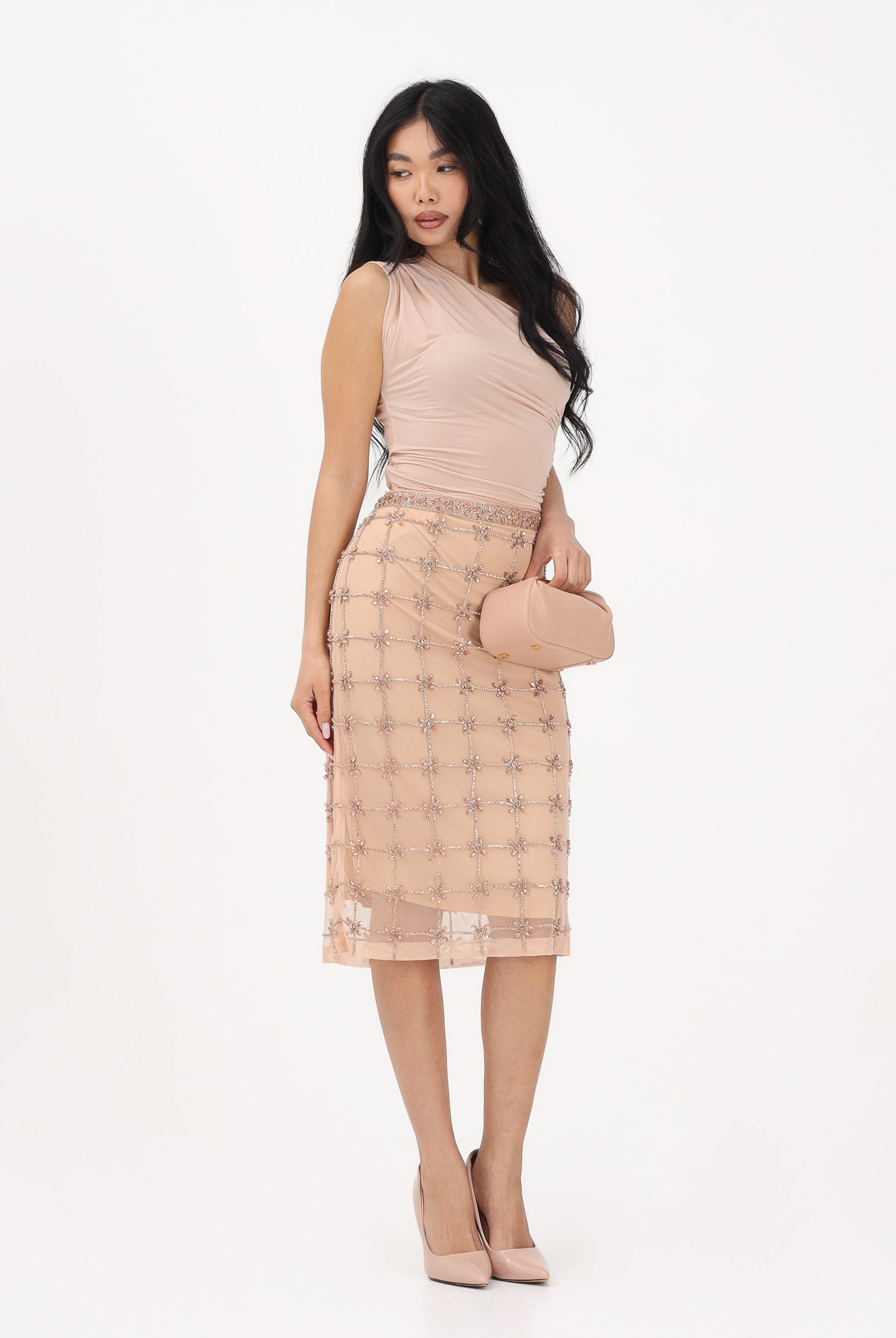 PINKO Gonna midi nude da donna in tulle con cristalli 106031A32B ZN6 PINKO