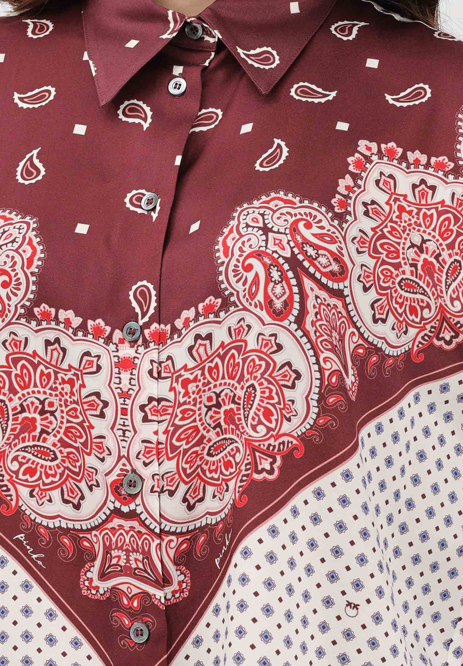 PINKO Camicia a manica lunga bianca e bordeaux da donna con motivo cravatteria e stampa piazzata 106202A31K YR1 PINKO
