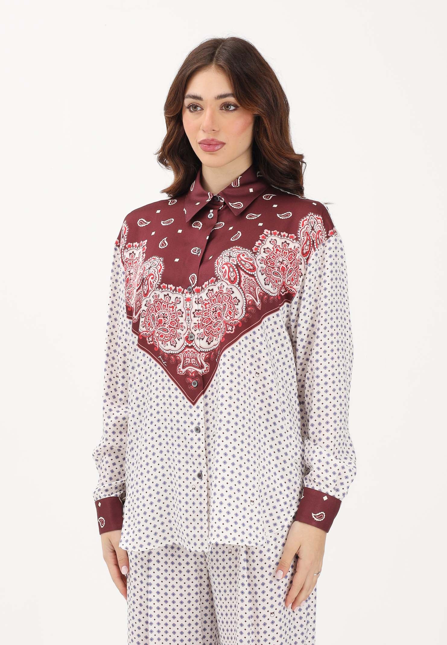 PINKO Camicia a manica lunga bianca e bordeaux da donna con motivo cravatteria e stampa piazzata 106202A31K YR1 PINKO