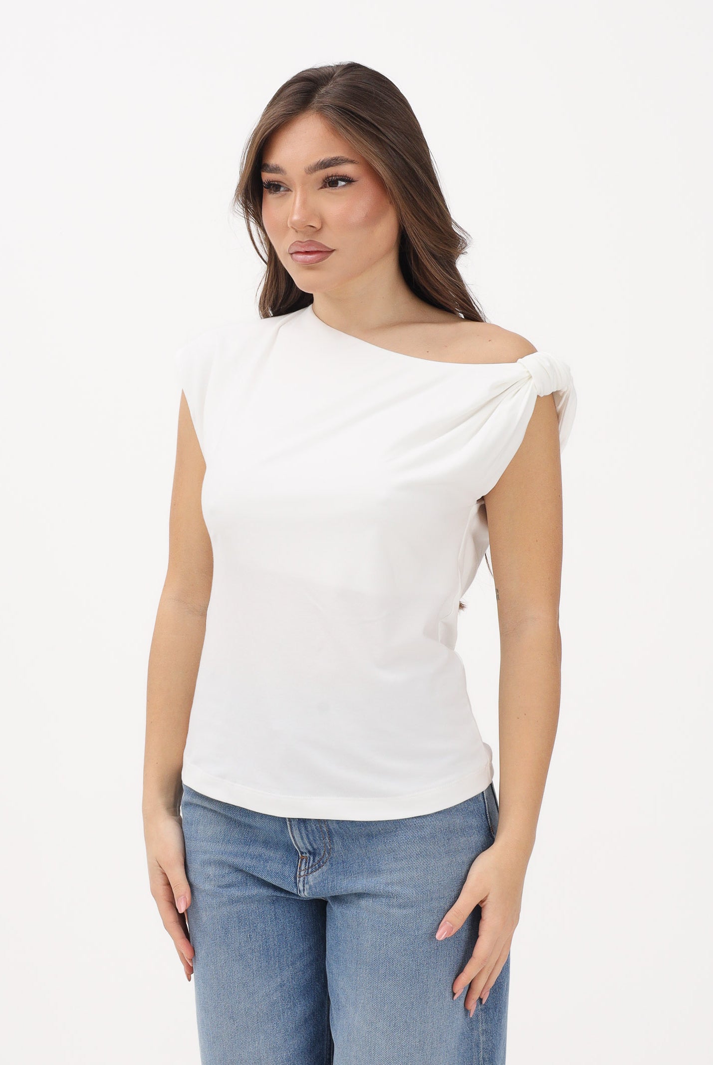PINKO T-shirt bianca da donna caratterizzata da scollo asimmetrico monospalla 106373A35D Z05 PINKO