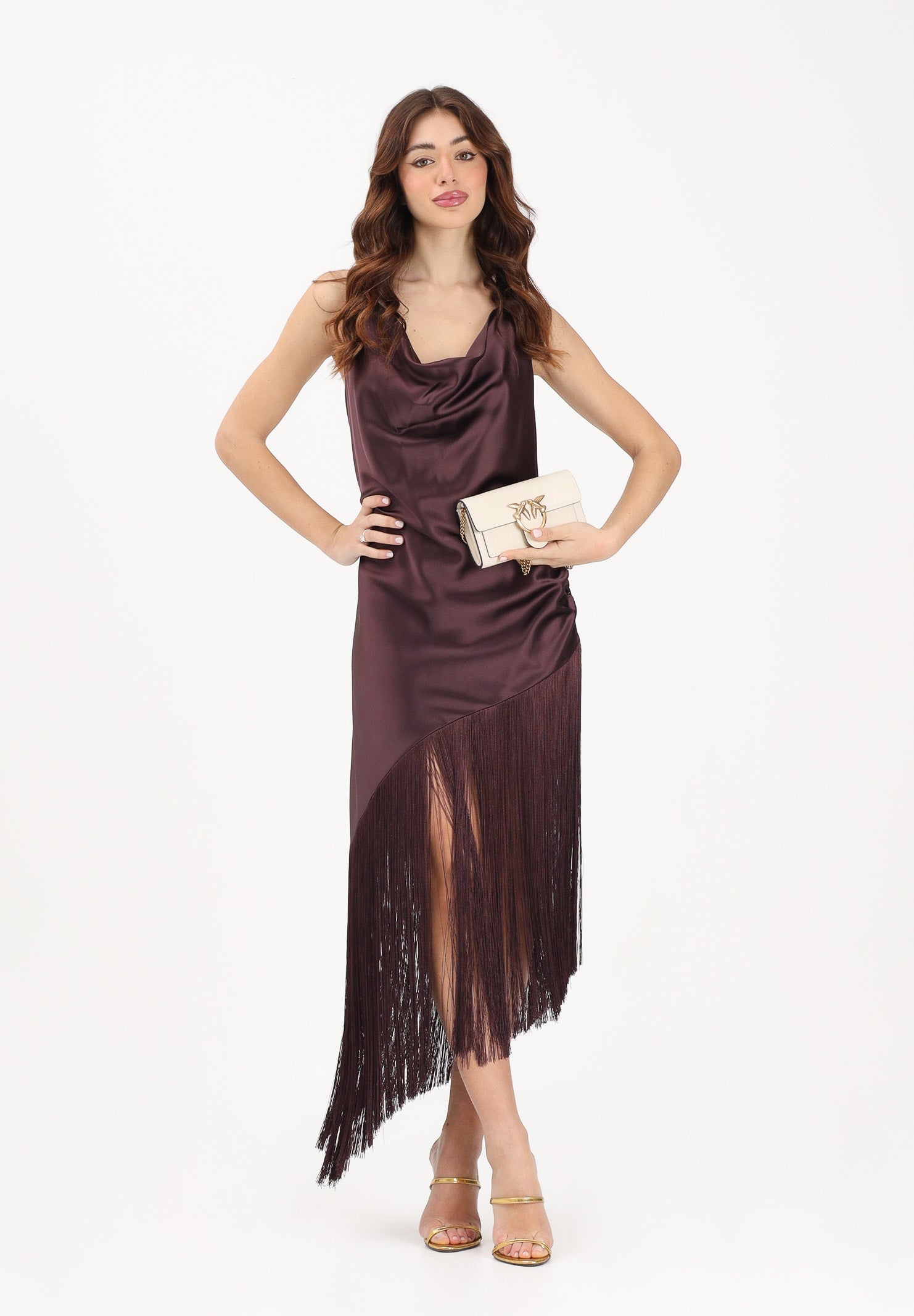 PINKO Abito midi bordeaux da donna in satin con frange 106430A33D R57 PINKO