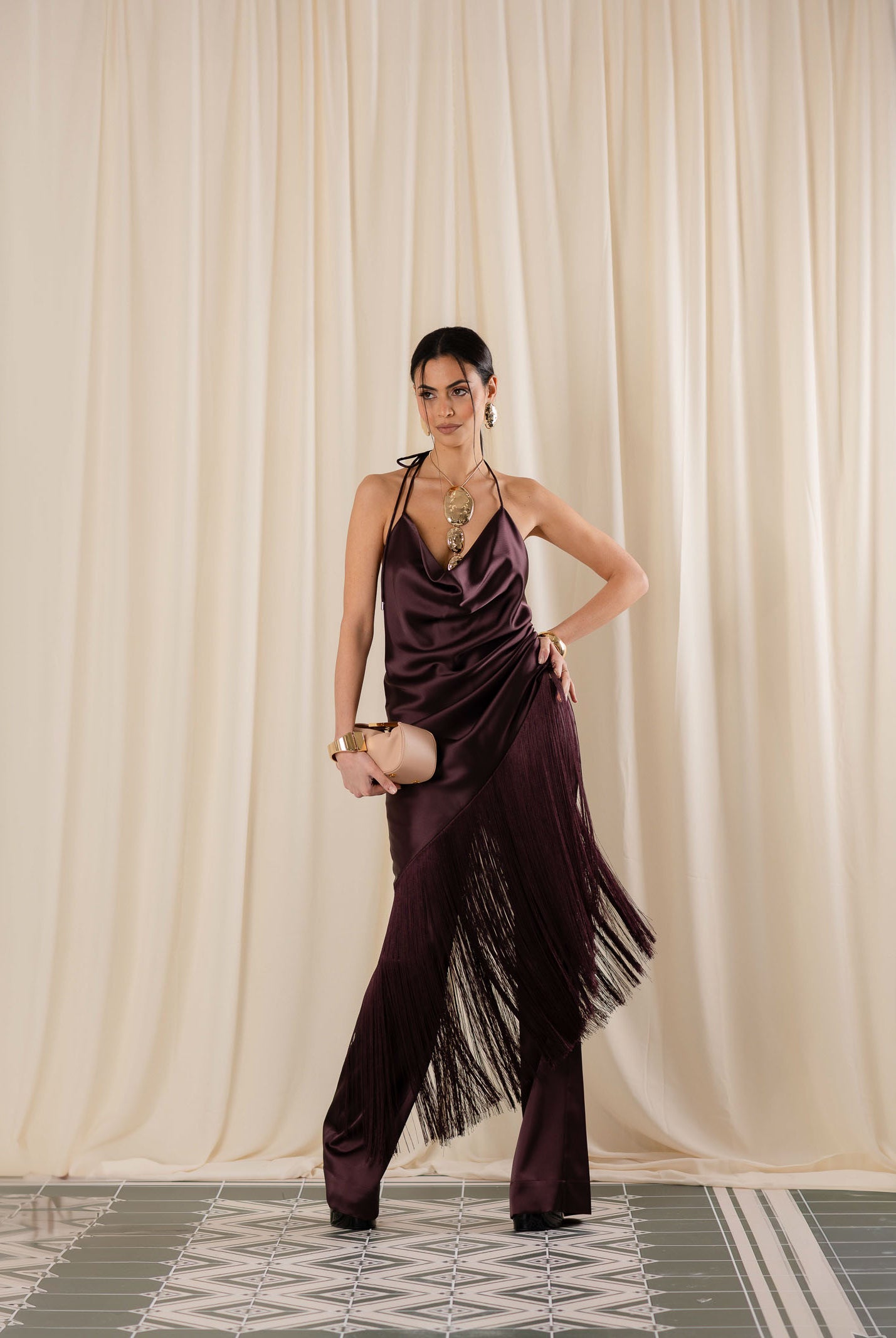 PINKO Abito midi bordeaux da donna in satin con frange 106430A33D R57 PINKO