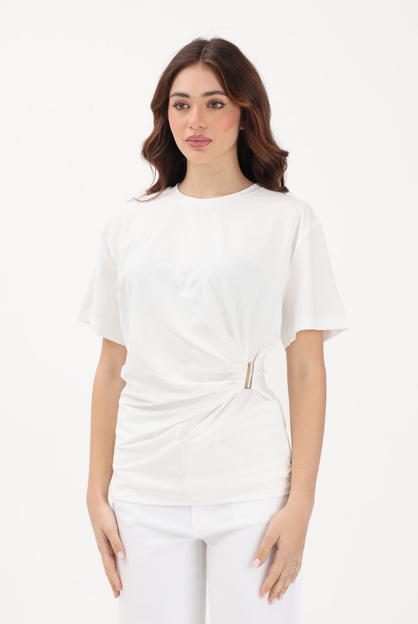 PINKO T-shirt a manica corta bianca da donna con drappeggio e dettaglio dorato 106455A35D Z05 PINKO