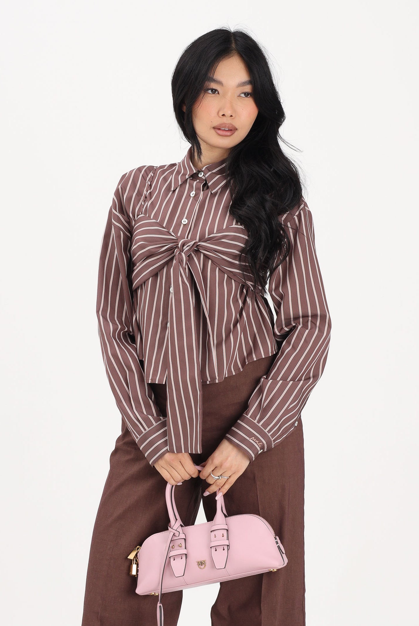 PINKO Camicia a manica lunga marrone da donna con motivo a righe 106672A33Q LN1 PINKO