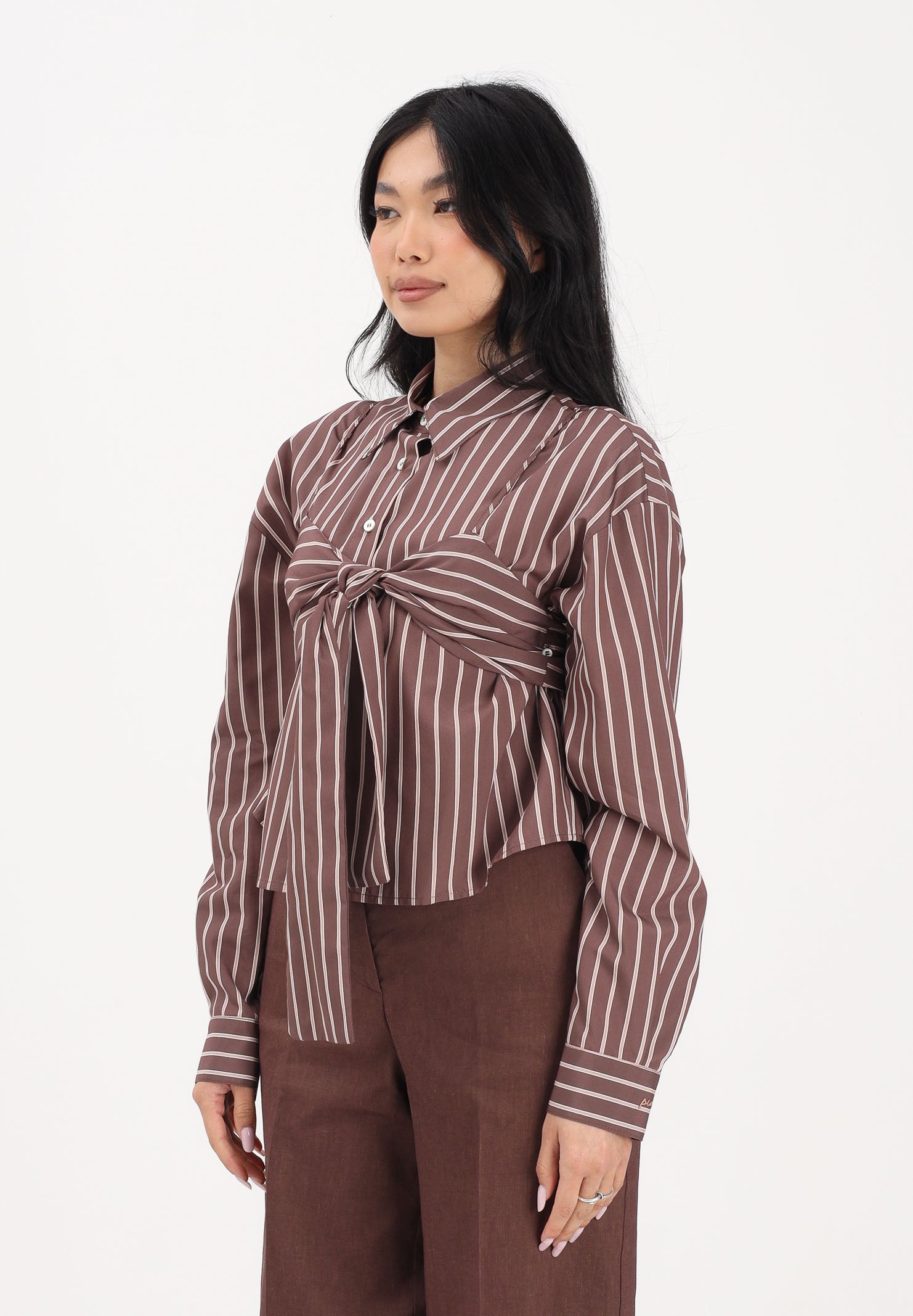 PINKO Camicia a manica lunga marrone da donna con motivo a righe 106672A33Q LN1 PINKO
