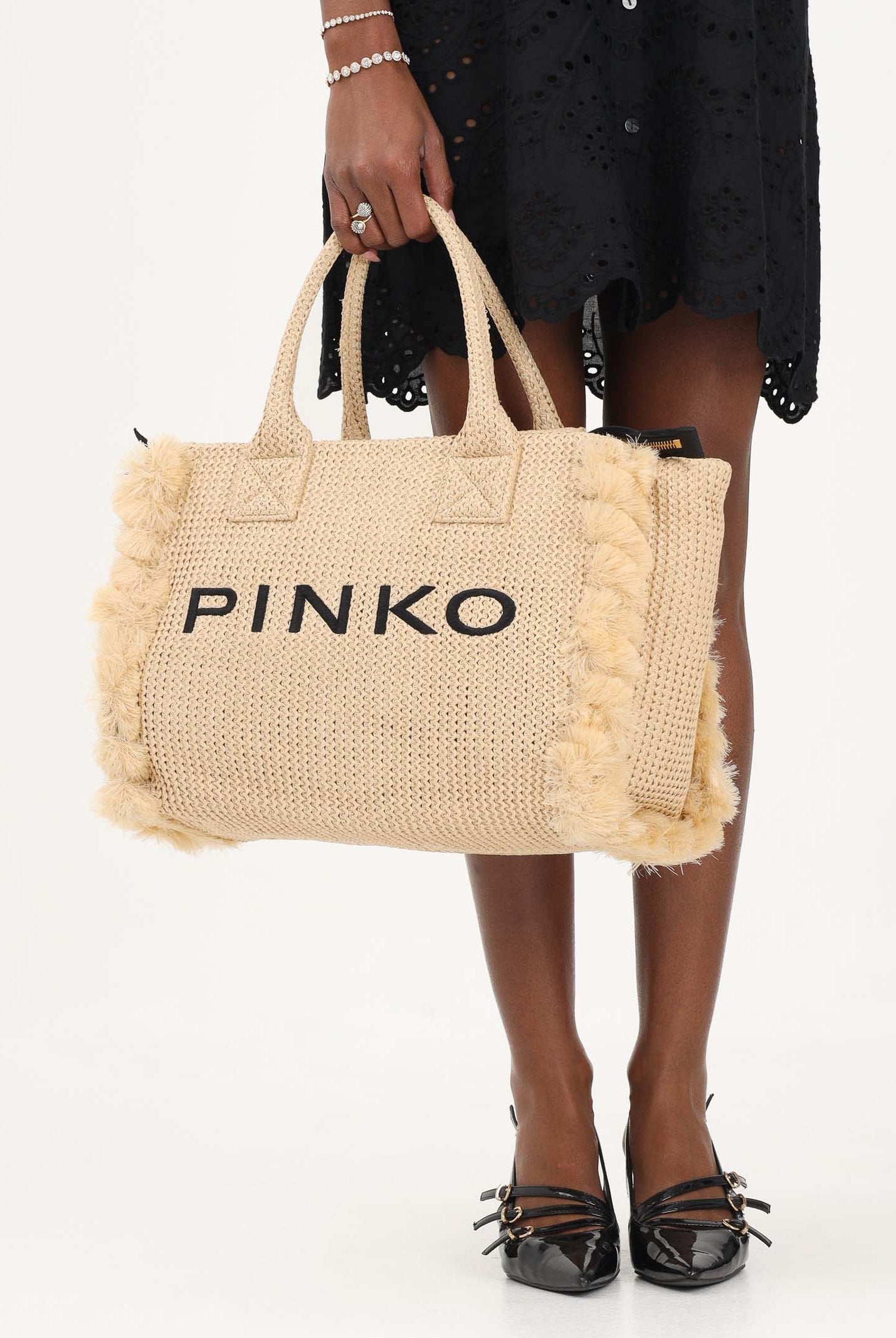 PINKO Borsa a mano in rafia beige da donna con logo 106673A39Y HZ3Q PINKO
