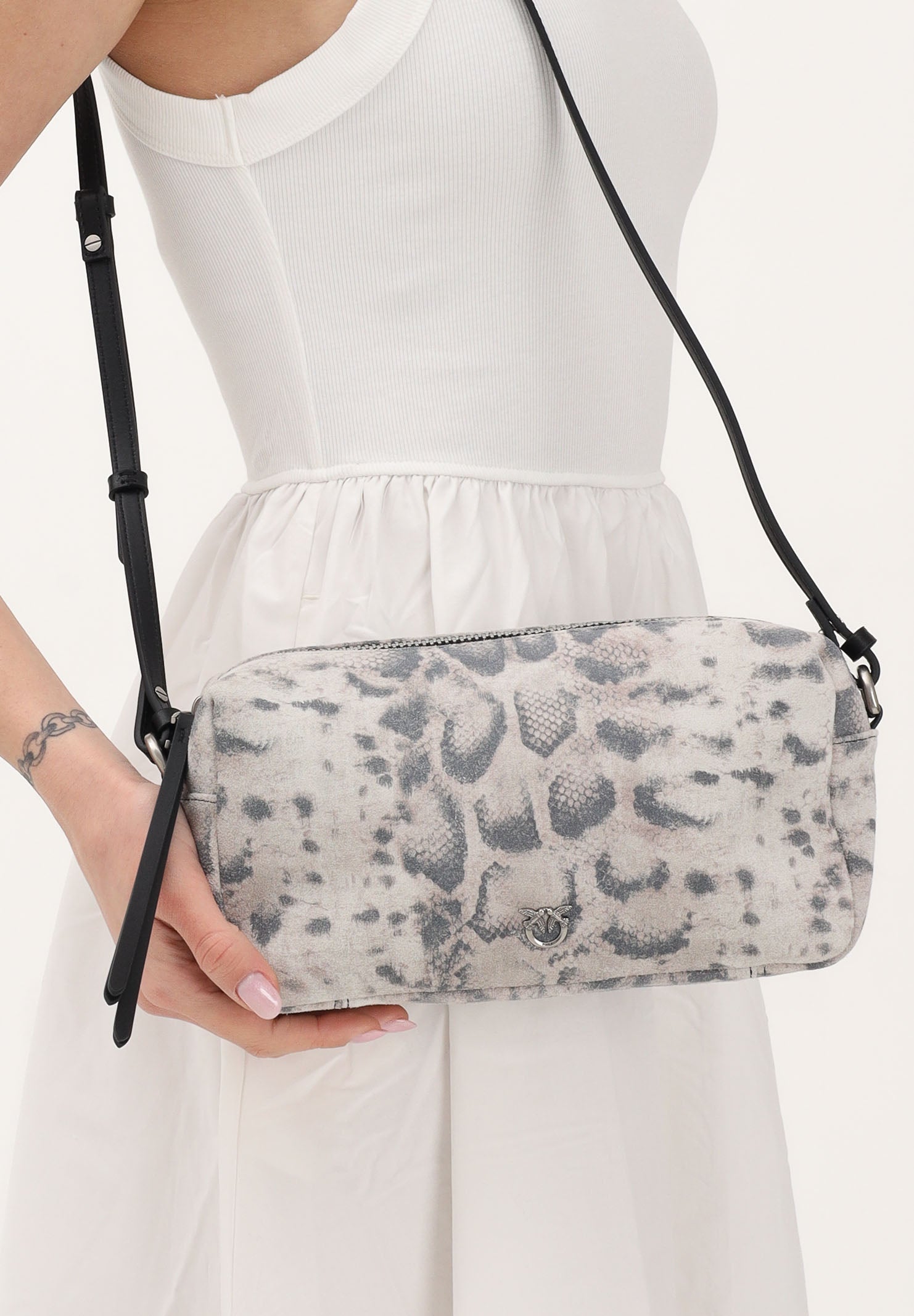 PINKO Borsa a spalla Tricotte grigia da donna con stampa animalier effetto pitone 106761A39V H8RO PINKO