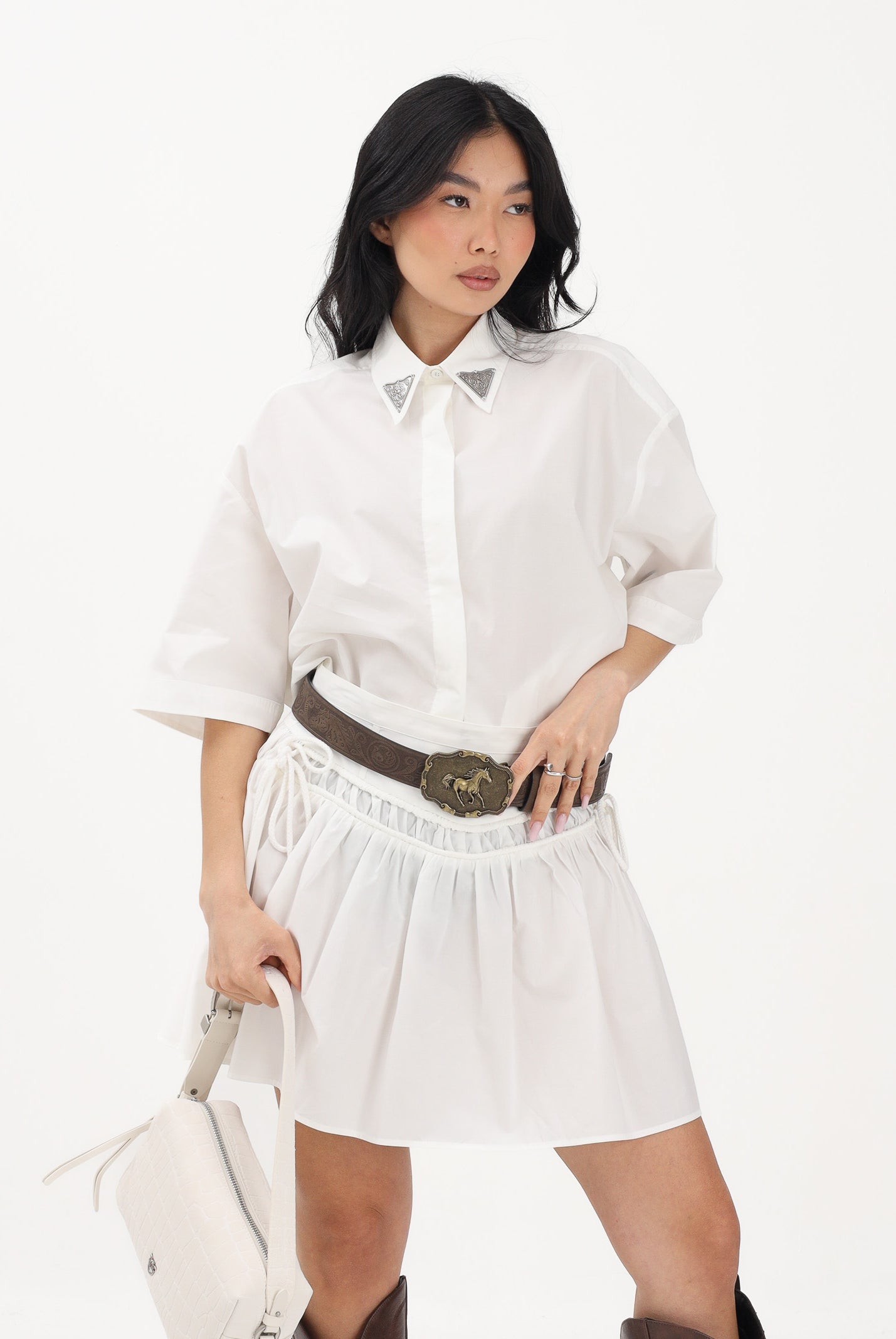 PINKO Camicia a manica corta bianca da donna con dettaglio gioiello 106826A2LD Z05 PINKO