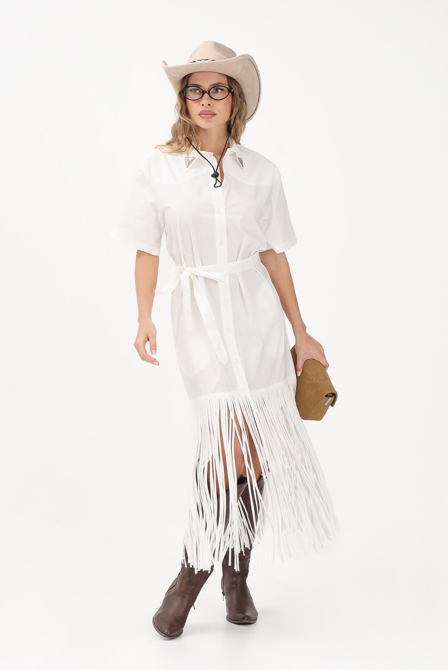 PINKO Abito midi chemisier bianco da donna con frange 106827A2LD Z05 PINKO