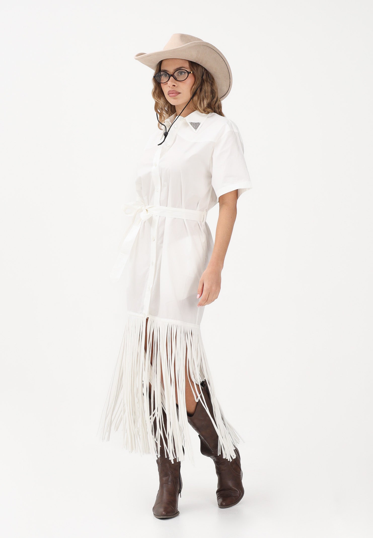 PINKO Abito midi chemisier bianco da donna con frange 106827A2LD Z05 PINKO