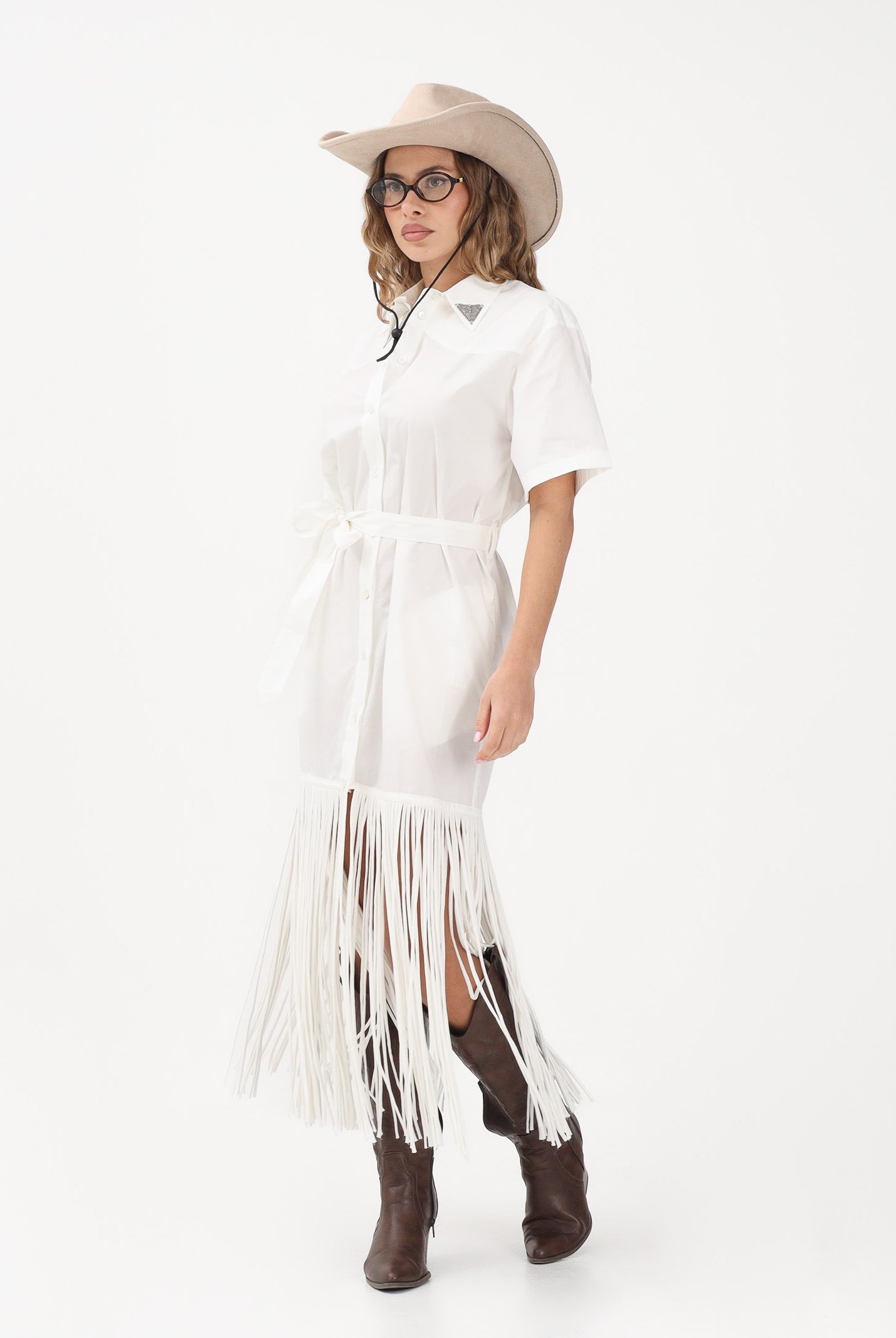 PINKO Abito midi chemisier bianco da donna con frange 106827A2LD Z05 PINKO
