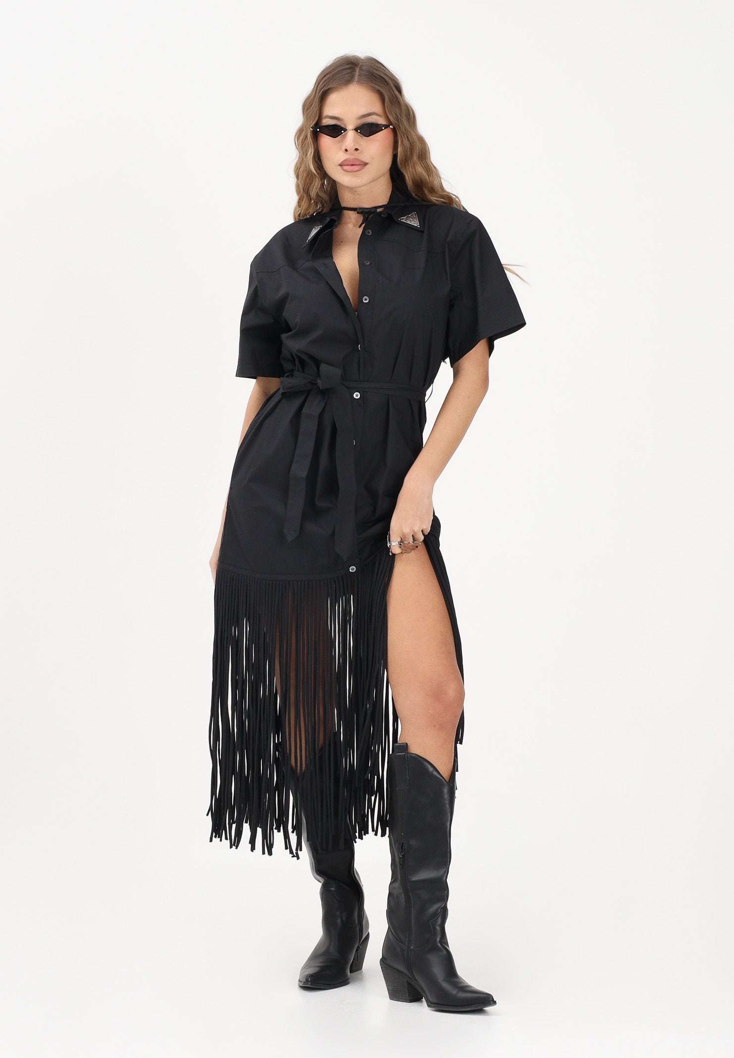 PINKO Abito midi chemisier nero da donna con frange 106827A2LD Z99 PINKO