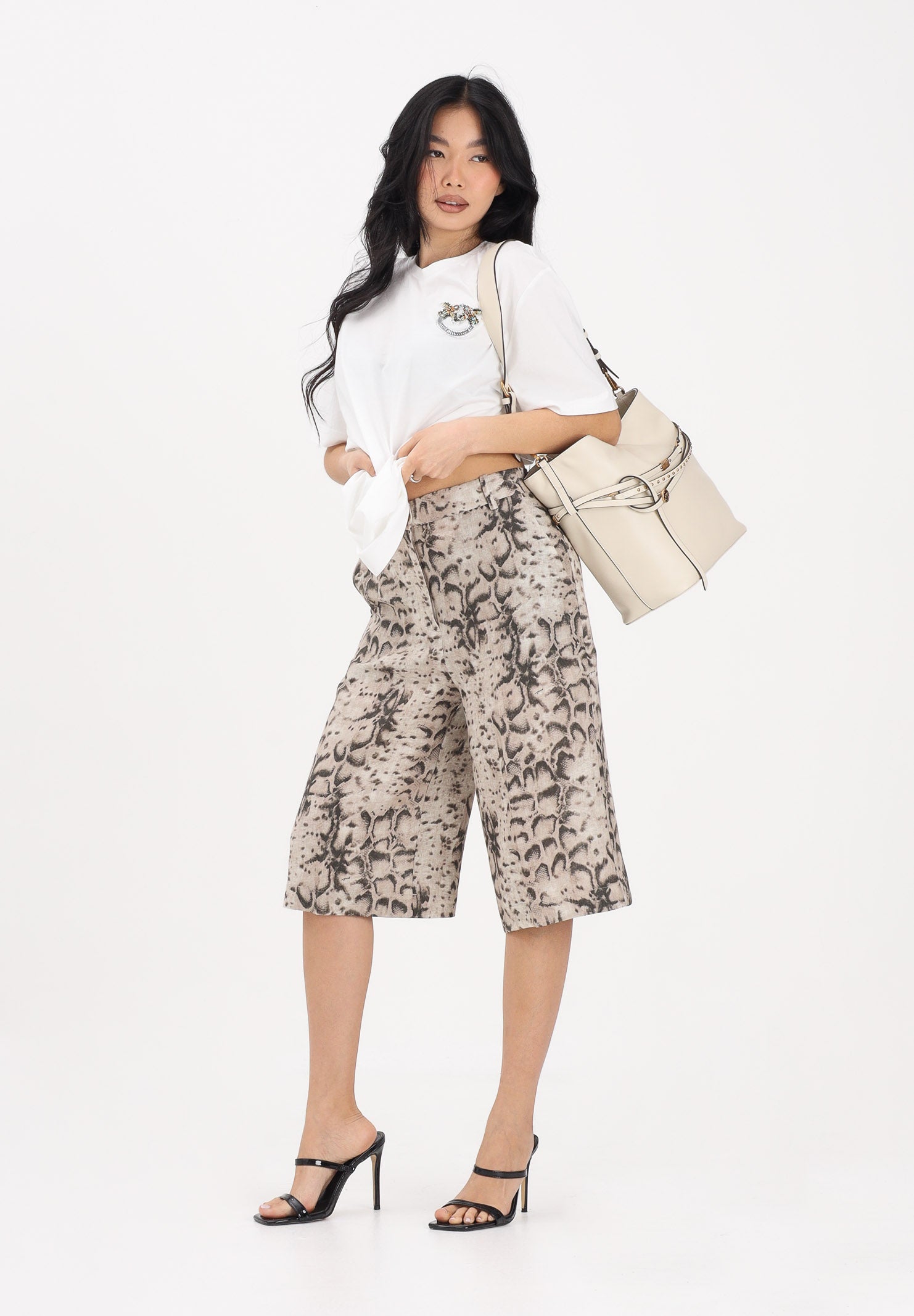 PINKO Bermuda beige da donna con stampa animalier 106870A3BL CZ9 PINKO