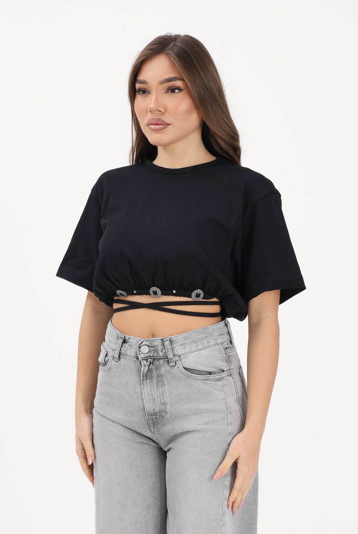 PINKO T-shirt a manica corta nera da donna con applicazioni metalliche 106907A3AR Z99 PINKO