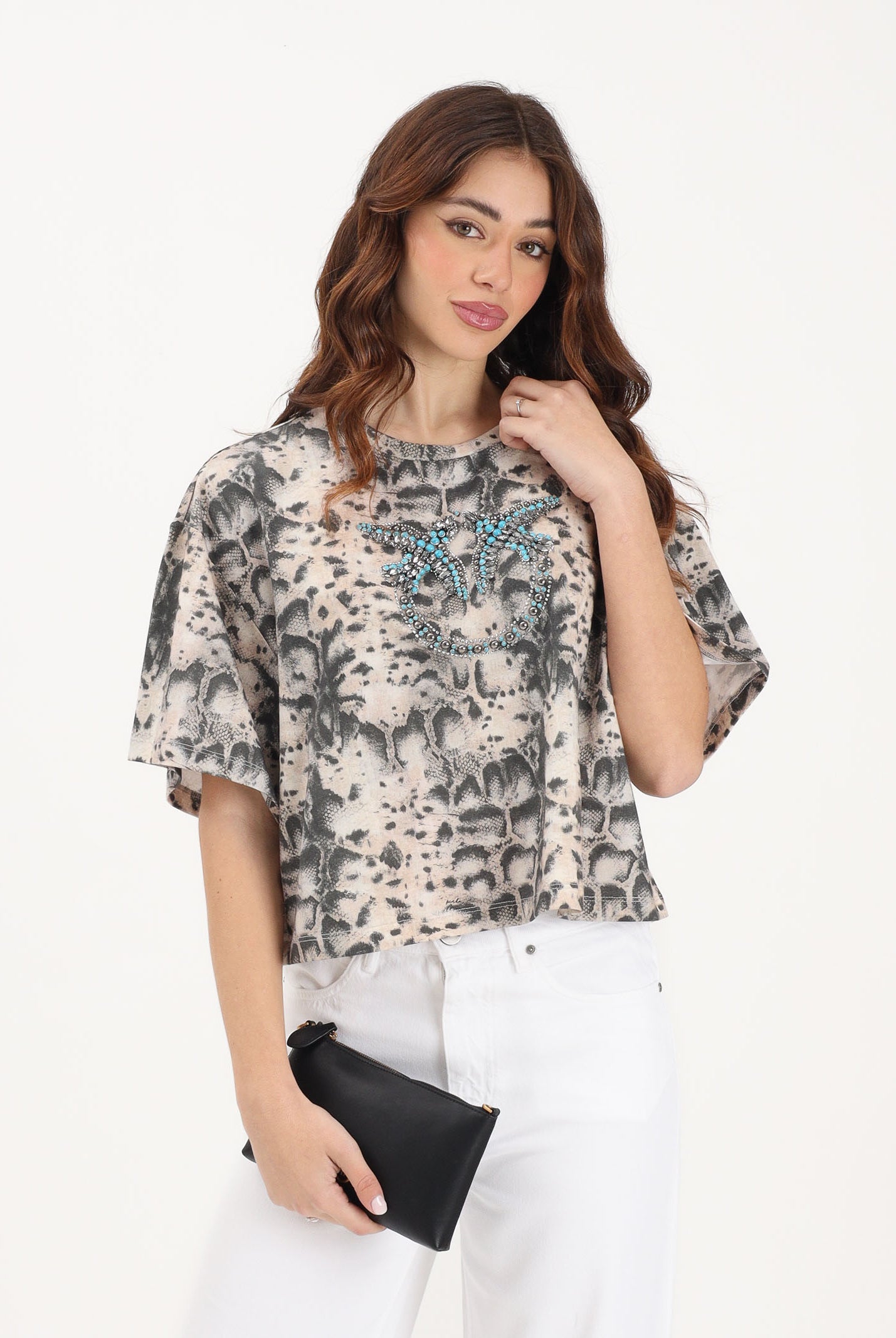 PINKO T-shirt a manica corta beige da donna con fantasia pitonata e logo 106921A3C8 CZ9 PINKO