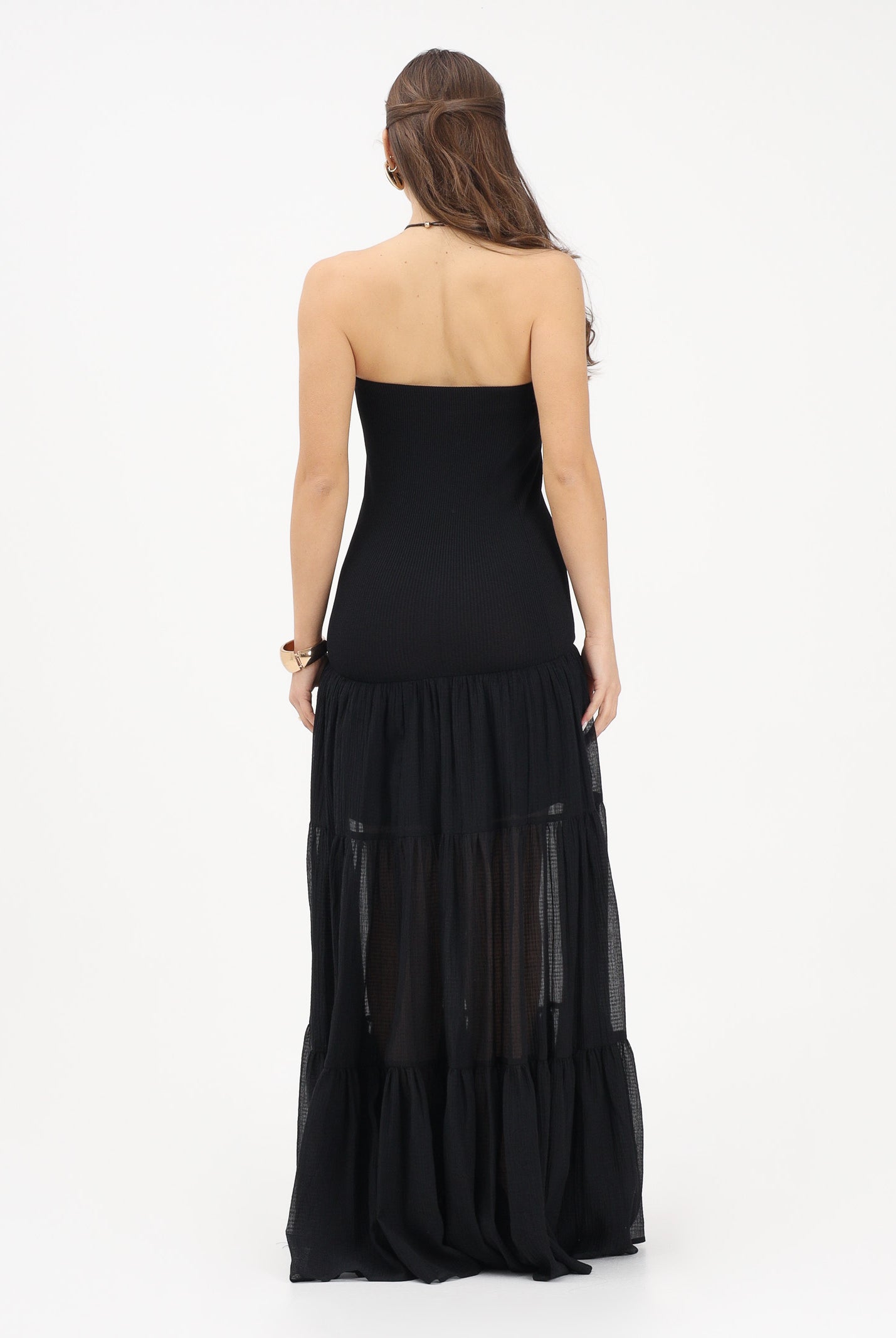 PINKO Abito lungo strapless nero da donna con gonna in voile 107015A3D1 Z99 PINKO