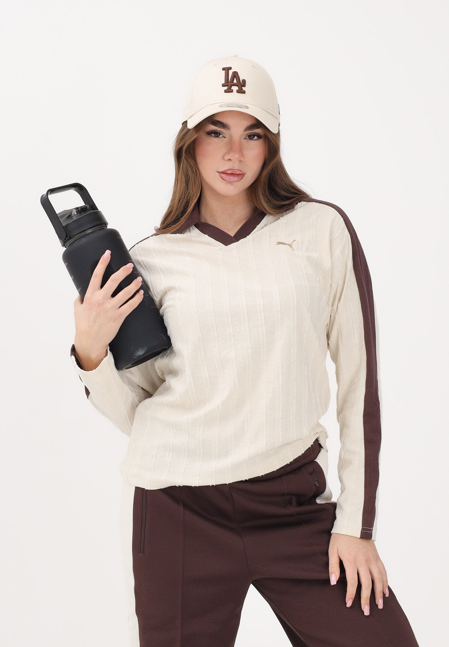 PUMA Polo a manica lunga T7 Relaxed panna e marrone da donna 632141 97 PUMA