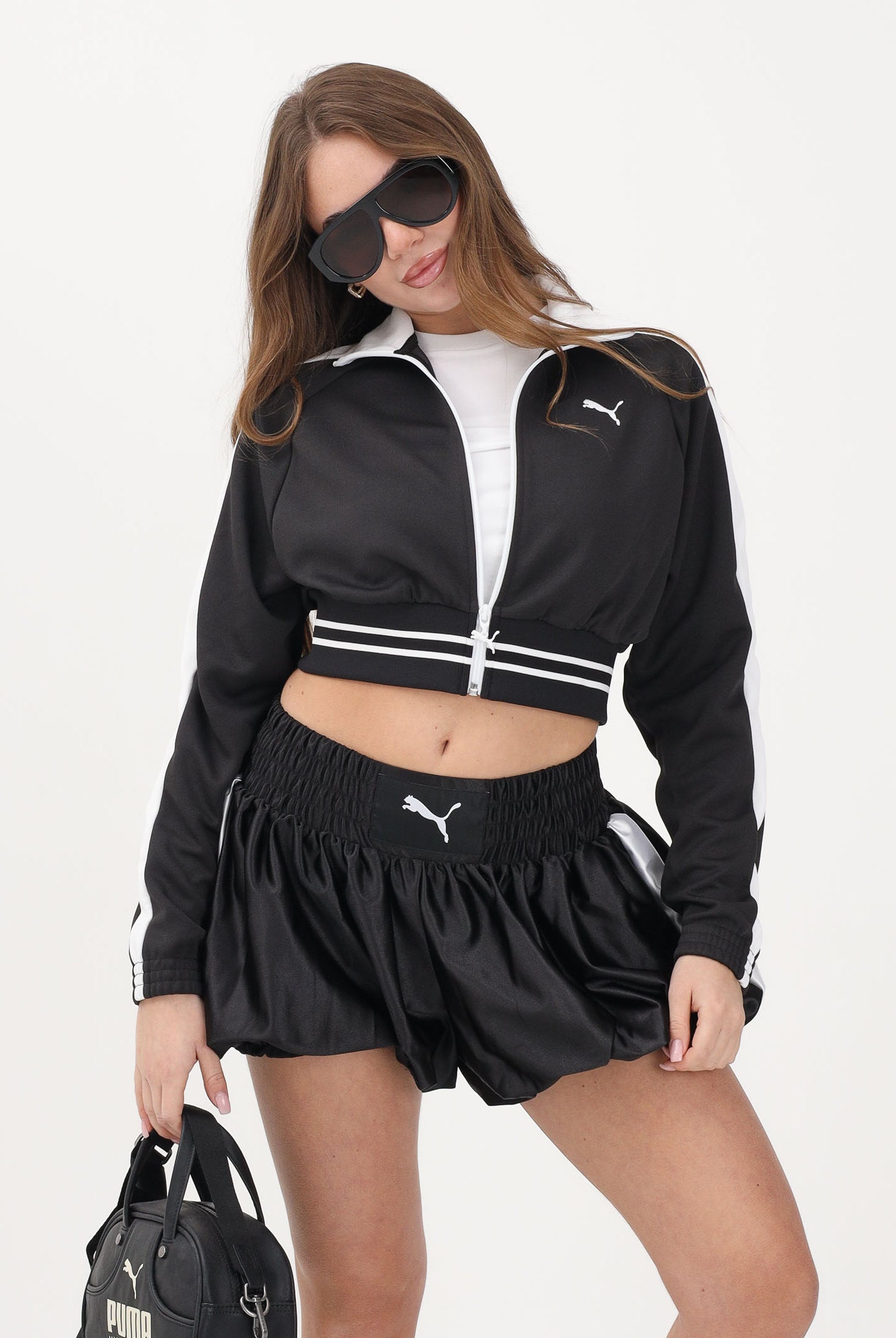PUMA Felpa crop con zip T7 nera da donna 634556 01 PUMA