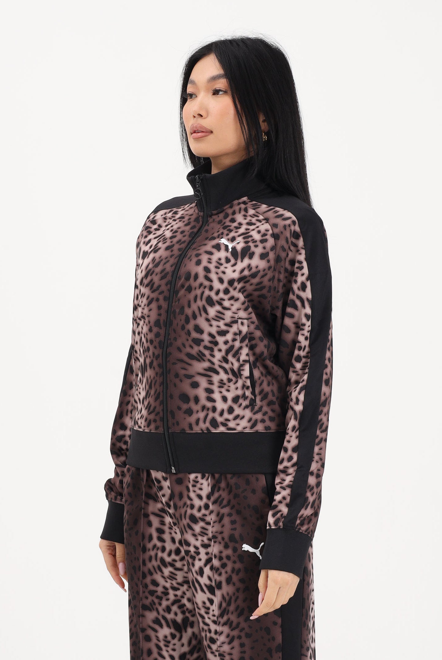 PUMA Felpa con zip T7 Leo Luxe marrone e nera da donna 634563 01 PUMA