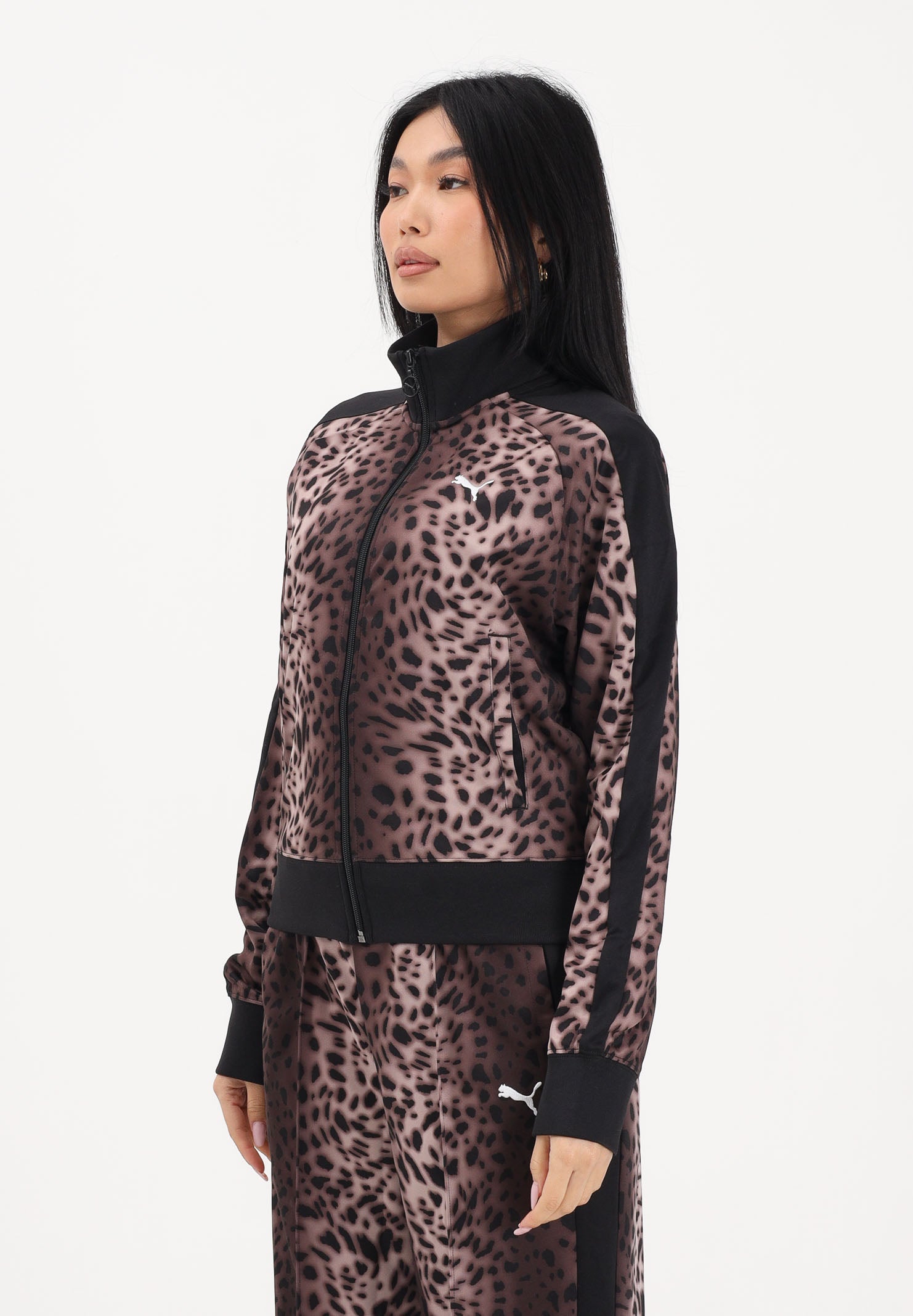 PUMA Felpa con zip T7 Leo Luxe marrone e nera da donna 634563 01 PUMA