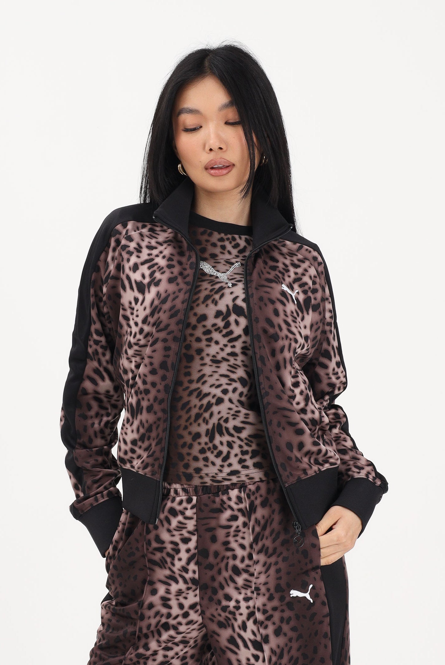 PUMA Felpa con zip T7 Leo Luxe marrone e nera da donna 634563 01 PUMA