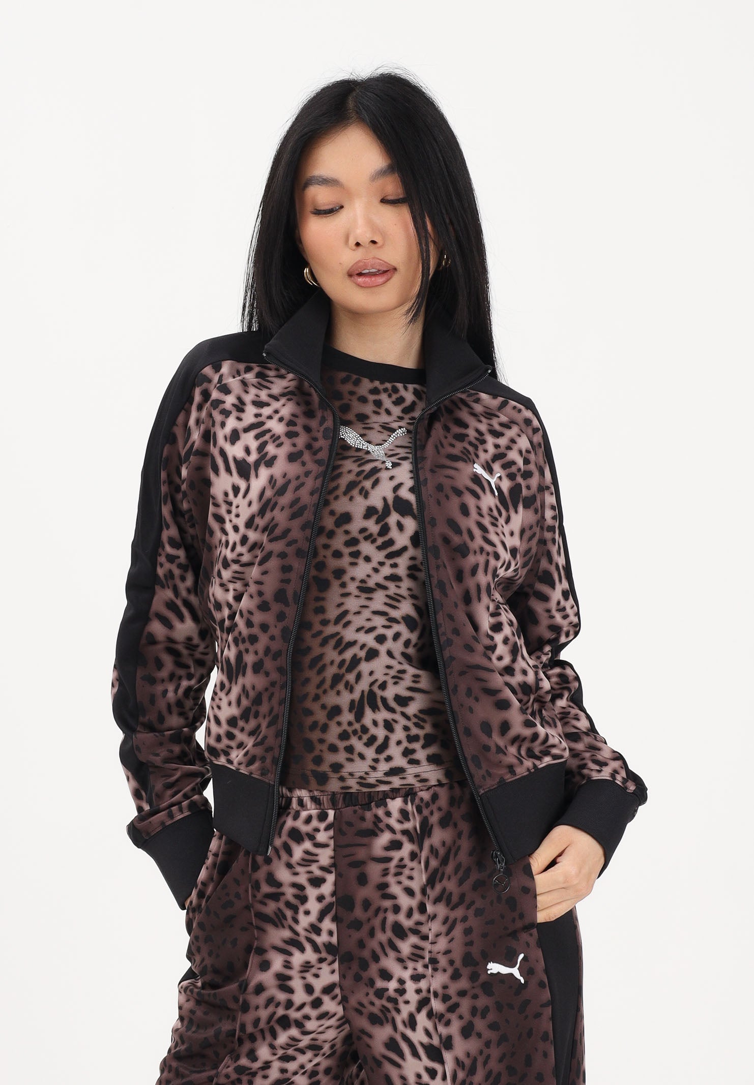 PUMA Felpa con zip T7 Leo Luxe marrone e nera da donna 634563 01 PUMA