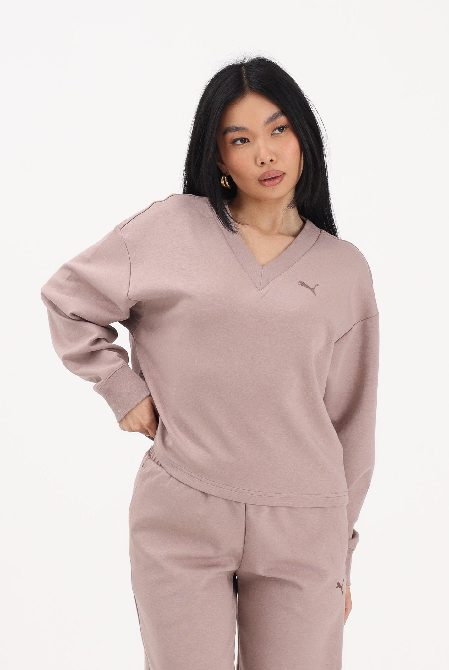 PUMA Felpa con scollo a V Essentials Elevated rosa da donna 691816 88 PUMA