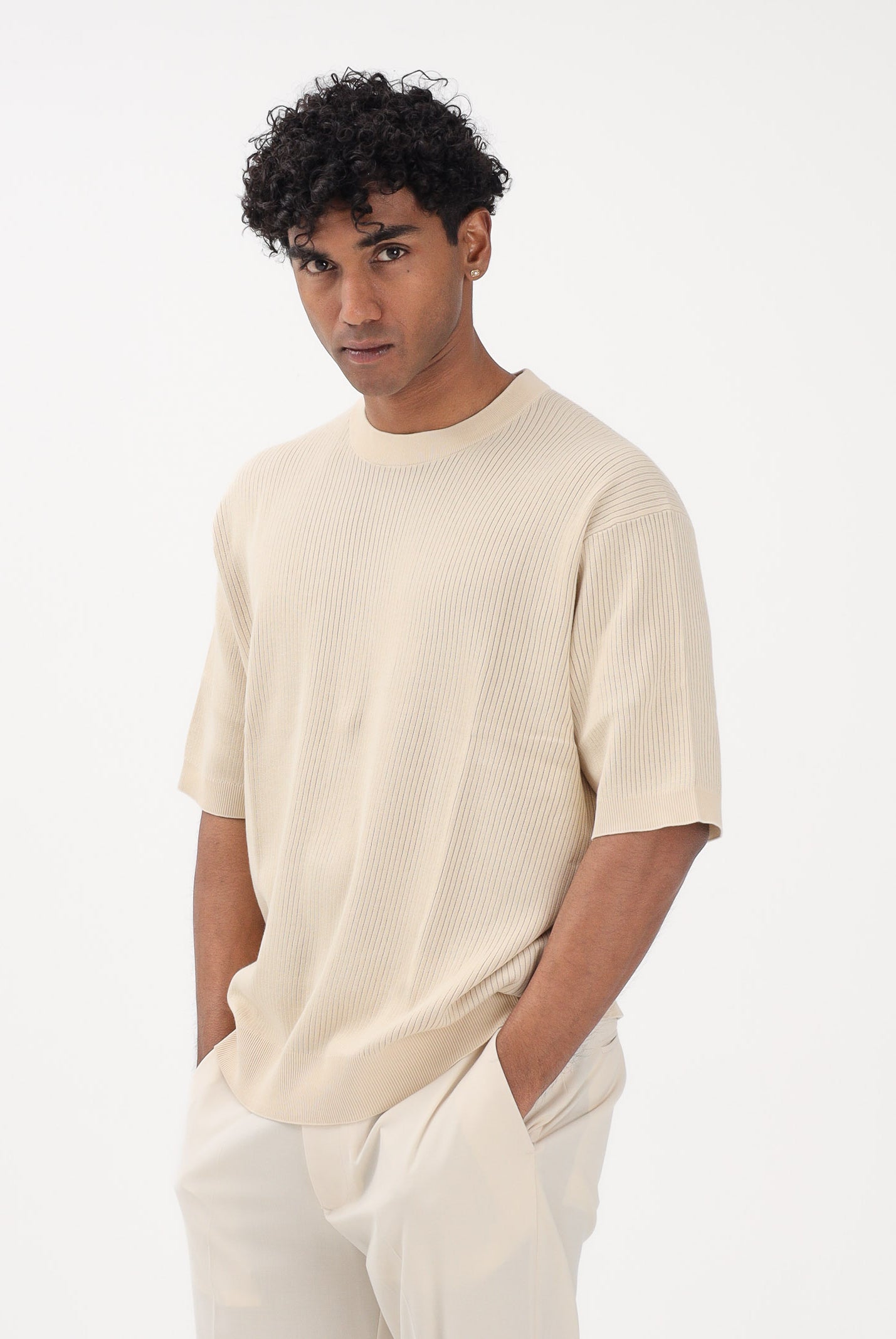 SELECTED HOMME Maglia a manica corta panna da uomo con lavorazione a costine 16100066 AN SELECTED HOMME