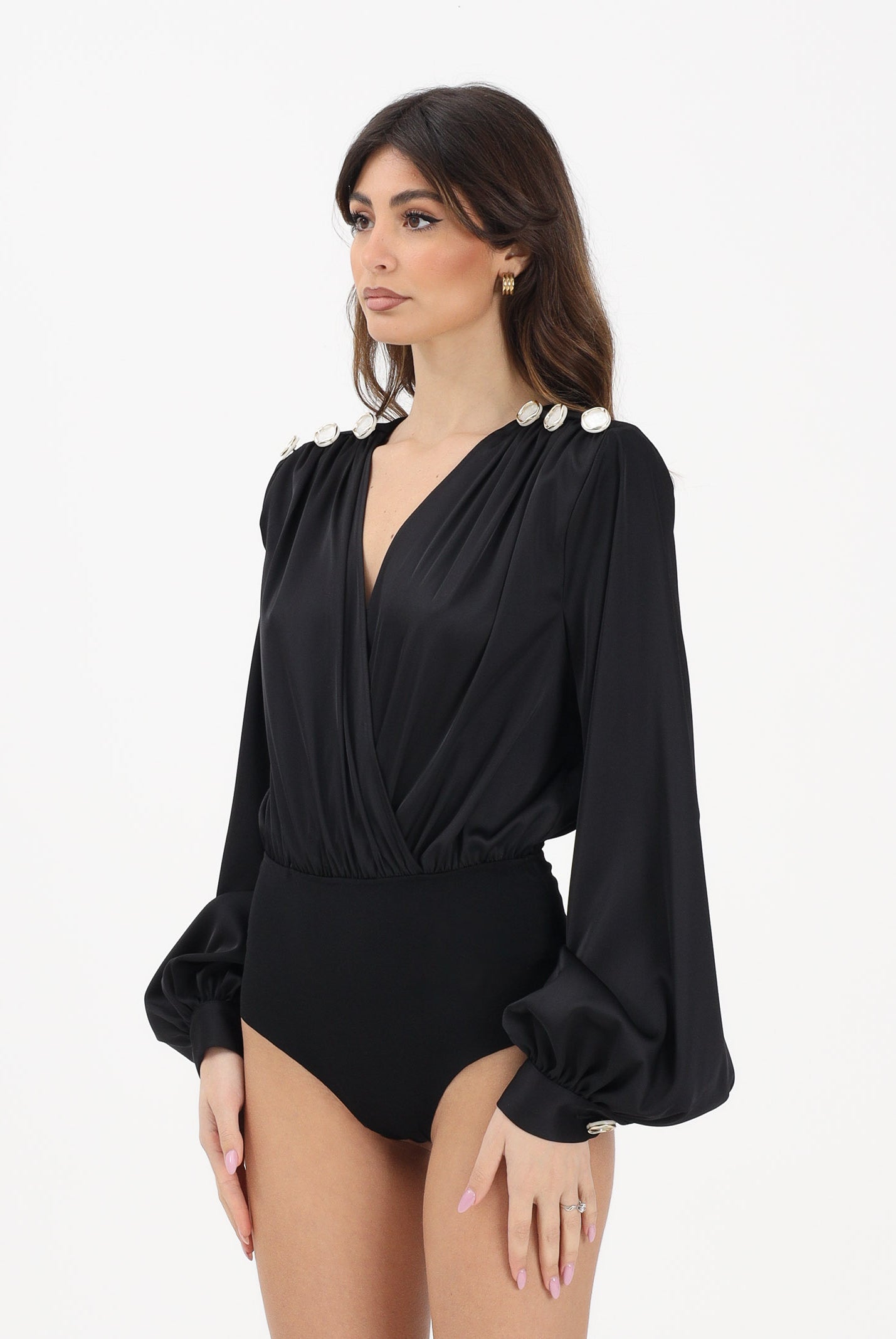 SHIT Body nero da donna con spilla fiore e bottoni SH26047 NE SHIT