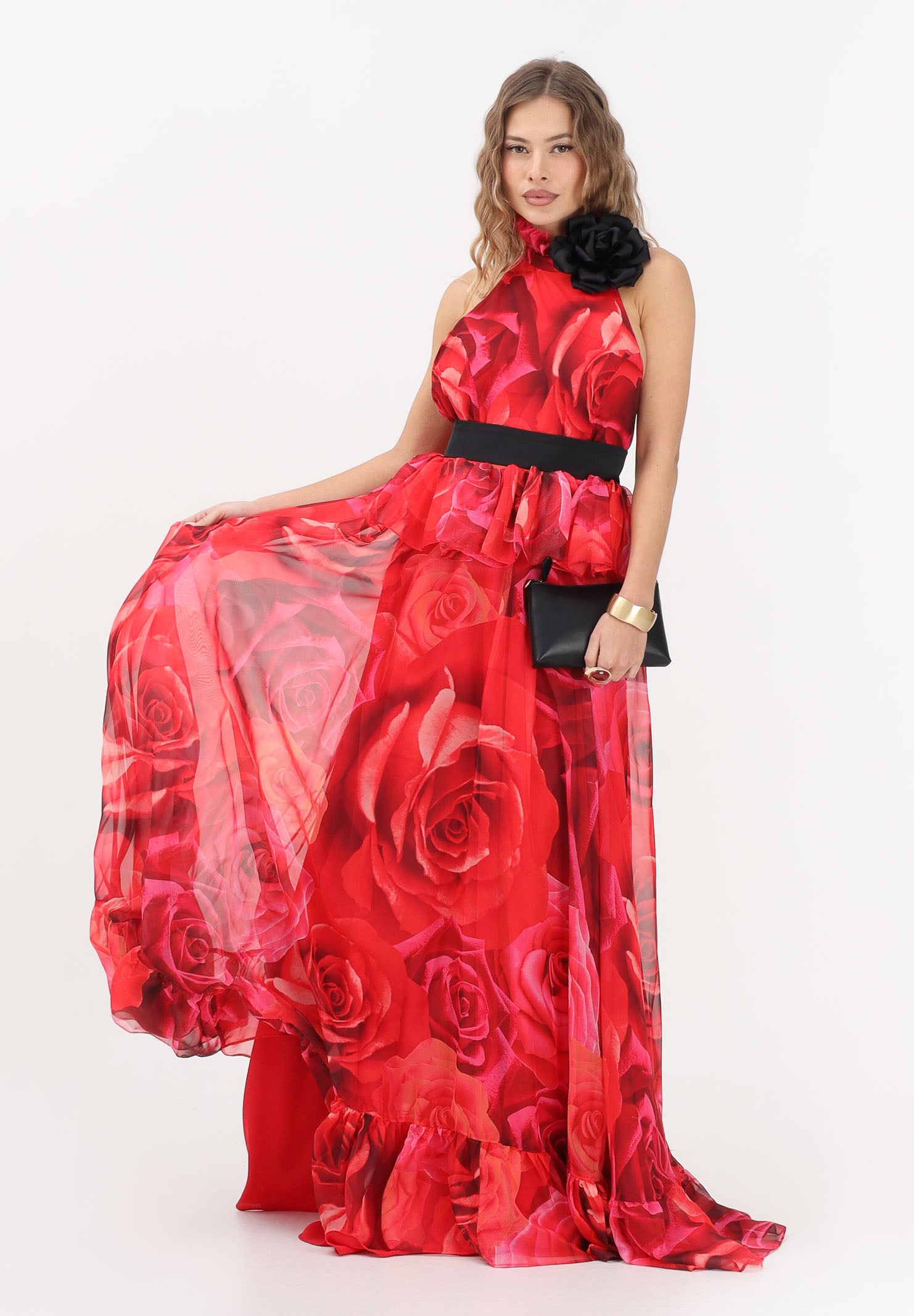 SHIT Abito lungo rosso da donna con stampa all-over di maxi rose SH26054 RERO SHIT