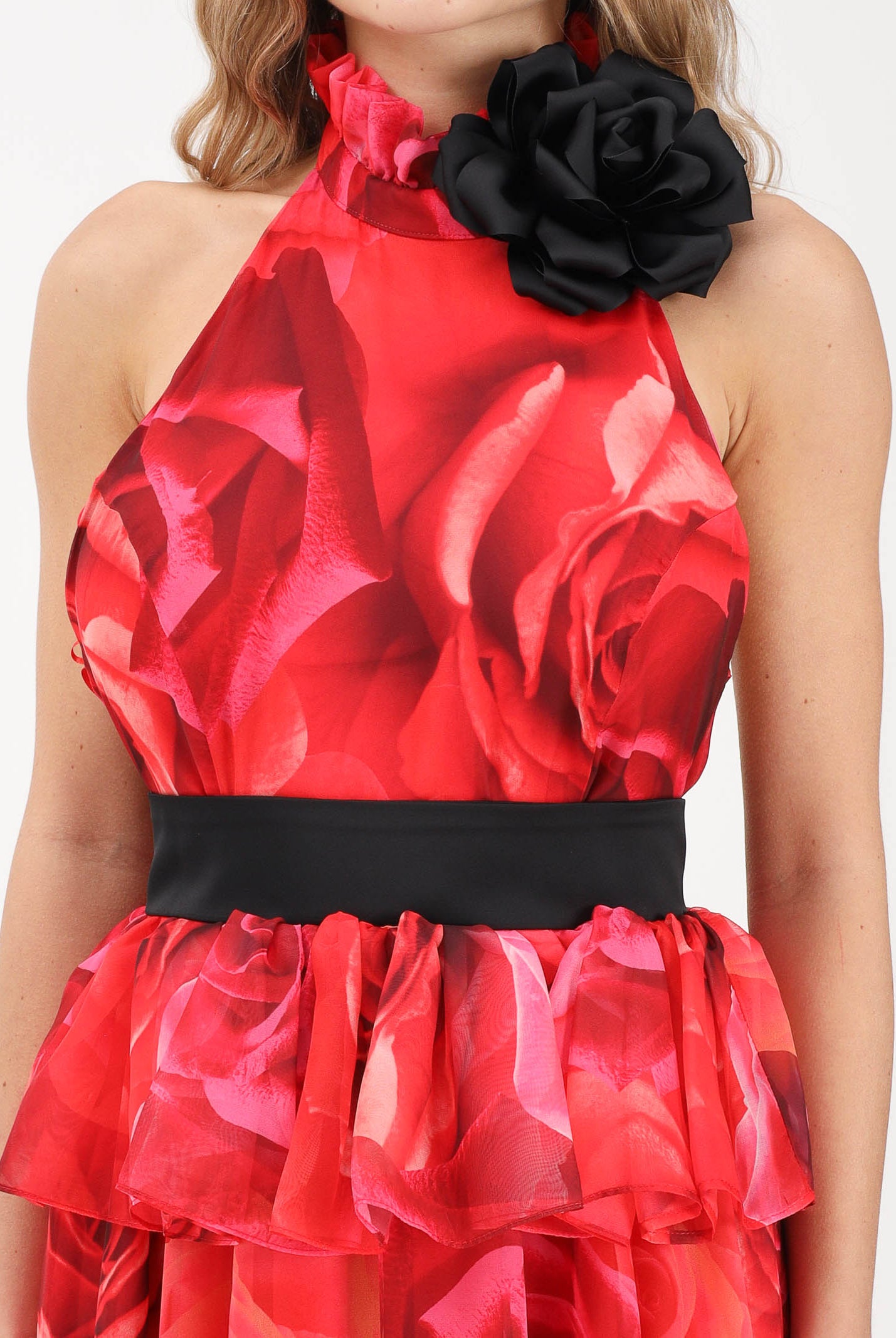 SHIT Abito lungo rosso da donna con stampa all-over di maxi rose SH26054 RERO SHIT