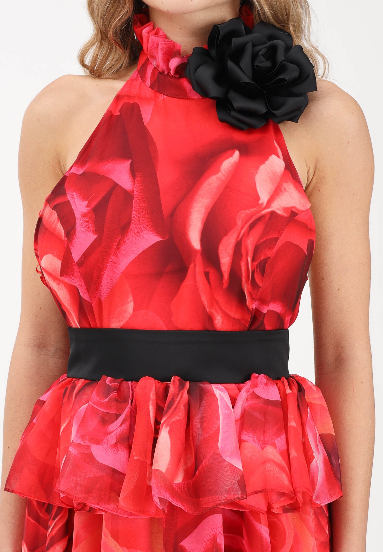 SHIT Abito lungo rosso da donna con stampa all-over di maxi rose SH26054 RERO SHIT