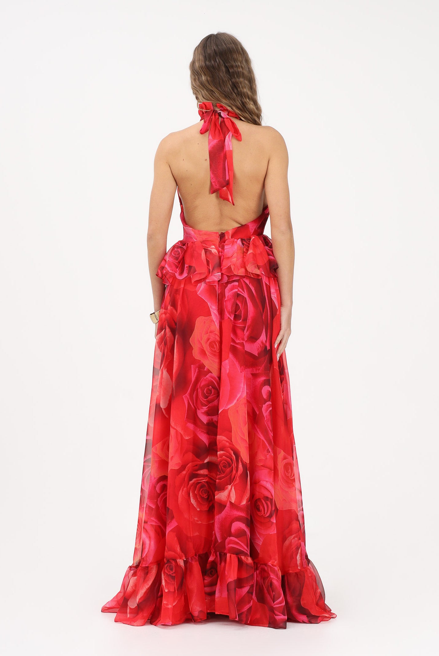 SHIT Abito lungo rosso da donna con stampa all-over di maxi rose SH26054 RERO SHIT