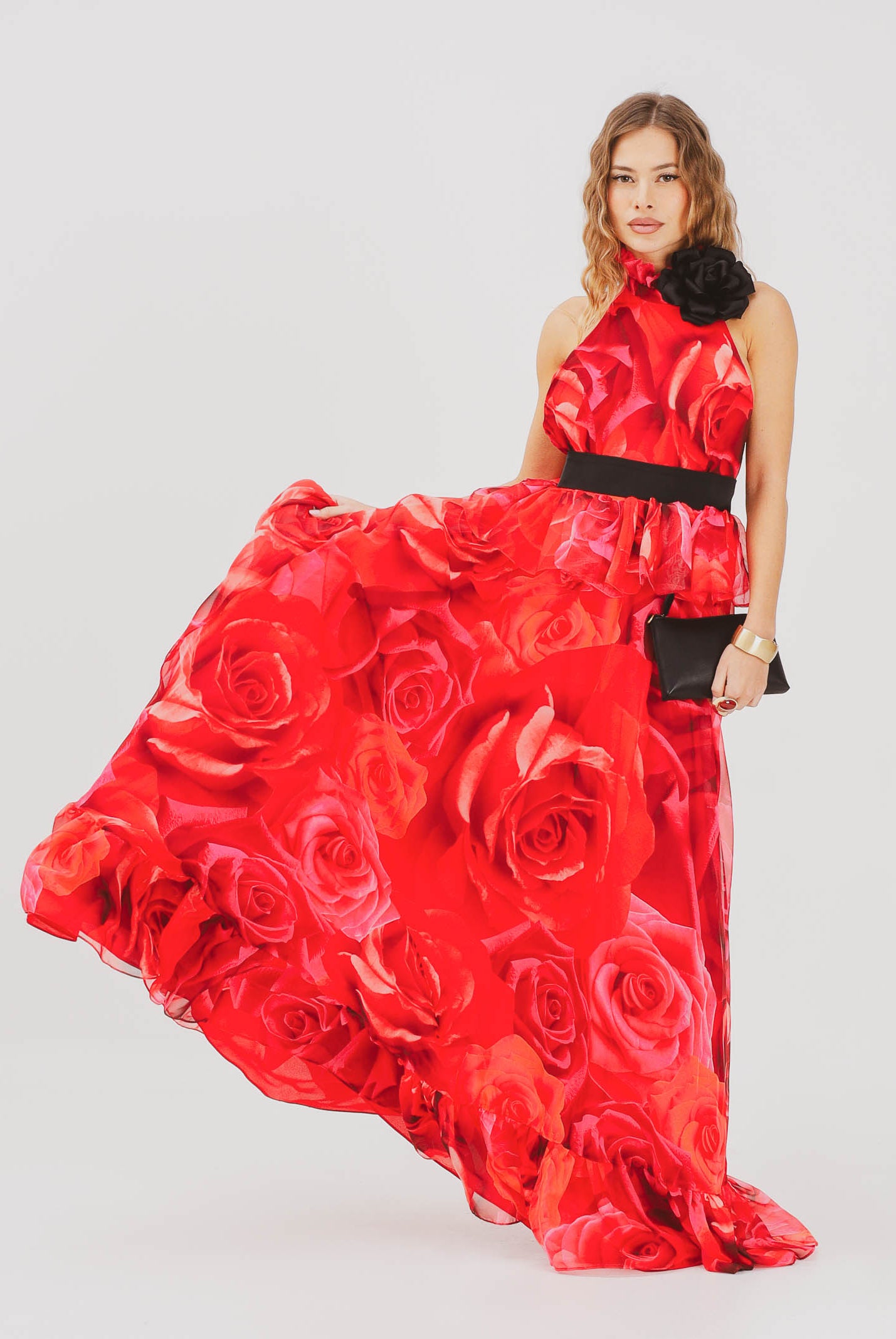 SHIT Abito lungo rosso da donna con stampa all-over di maxi rose SH26054 RERO SHIT