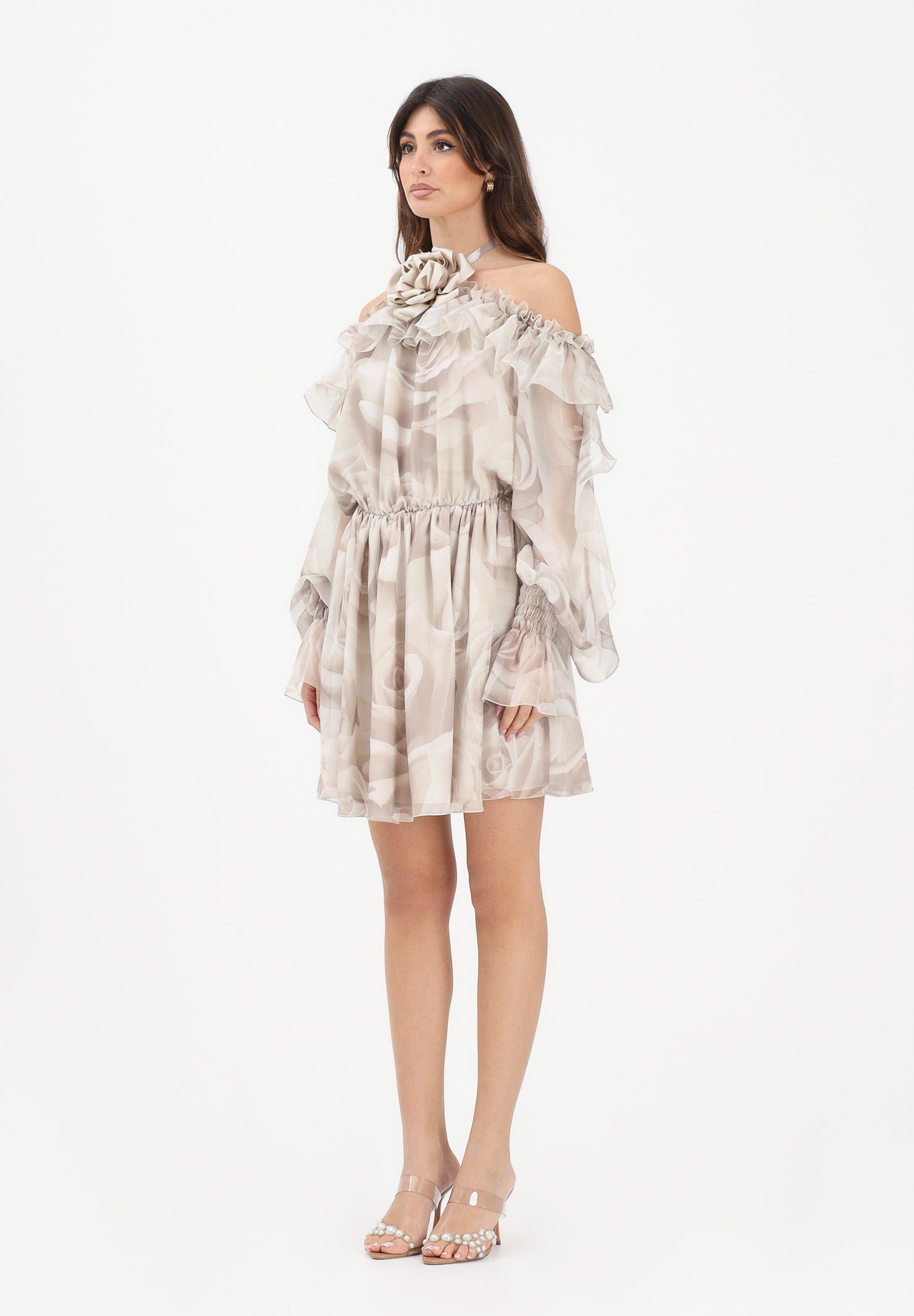 SHIT Abito corto beige da donna con delicata fantasia floreale SH26057 NURO SHIT