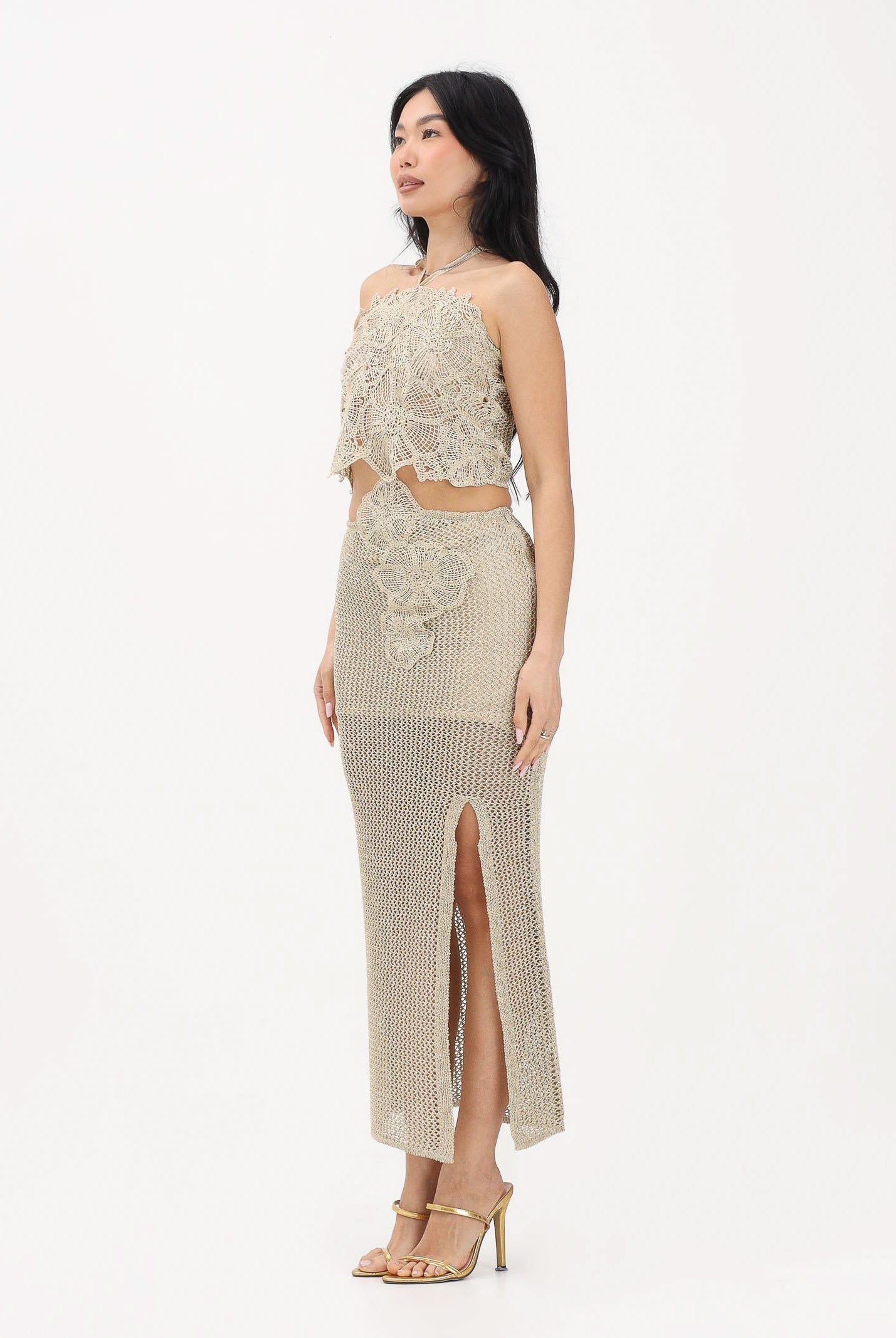 SIMONA CORSELLINI Abito midi oro da donna in maglia crochet lavorata P26CEABO5301 V0118 SIMONA CORSELLINI