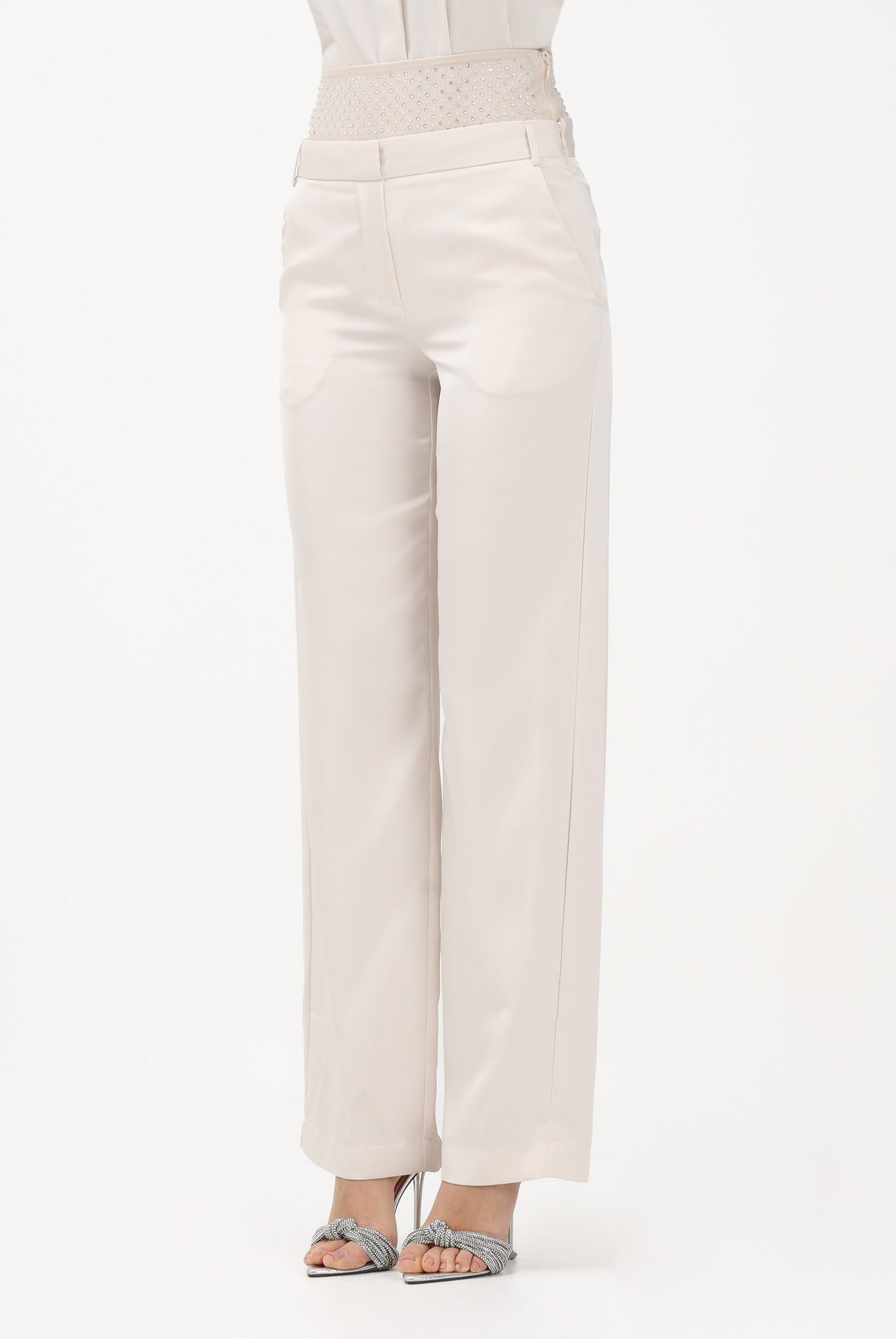 SIMONA CORSELLINI Pantalone elegante avorio da donna con fascione in strass P26CEPA10201 V0359 SIMONA CORSELLINI